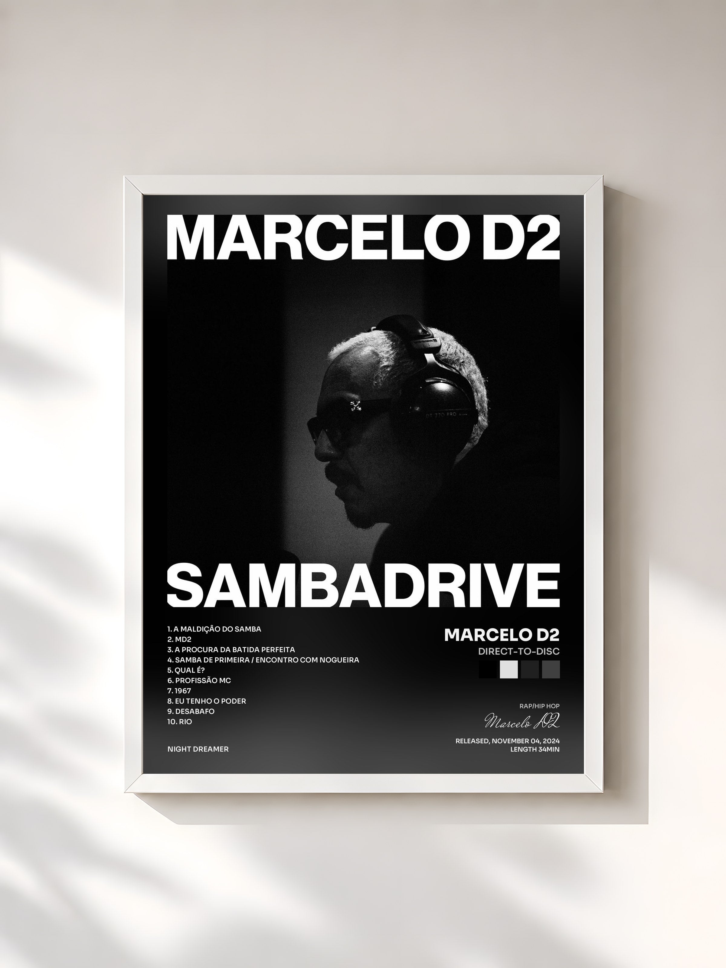 #blanc Tableau de l'album Direct-to-Disc de Marcelo D2, cadre blanc, imprimé et encadré en France