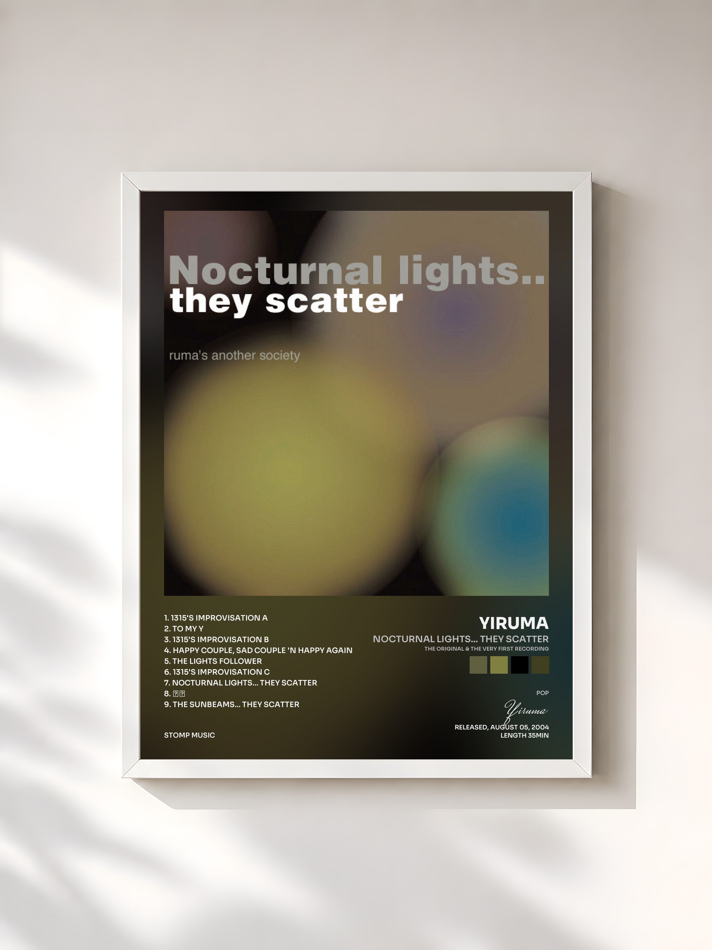 #blanc Tableau de l'album Nocturnal Lights... They Scatter (The Original & the Very First Recording) de Yiruma, cadre blanc, imprimé et encadré en France