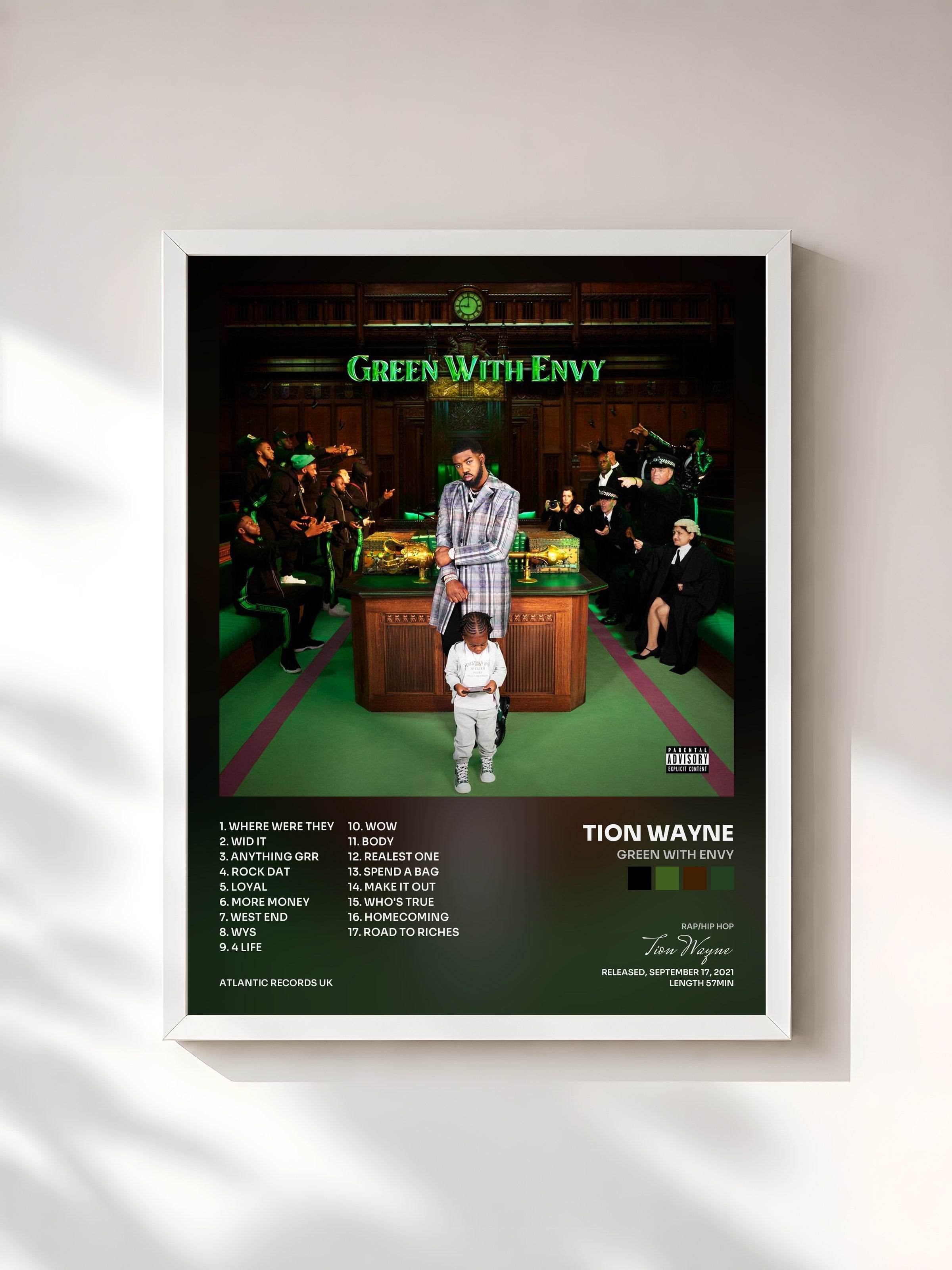 #blanc Tableau de l'album Green With Envy de Tion Wayne, cadre blanc, imprimé et encadré en France