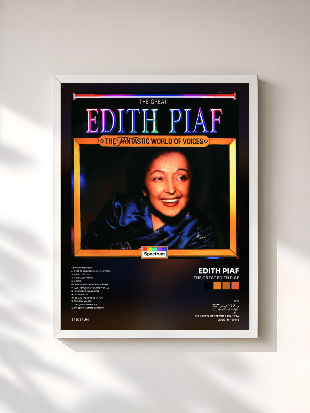 #blanc Tableau de l'album The Great Edith Piaf de Edith Piaf, cadre blanc, imprimé et encadré en France