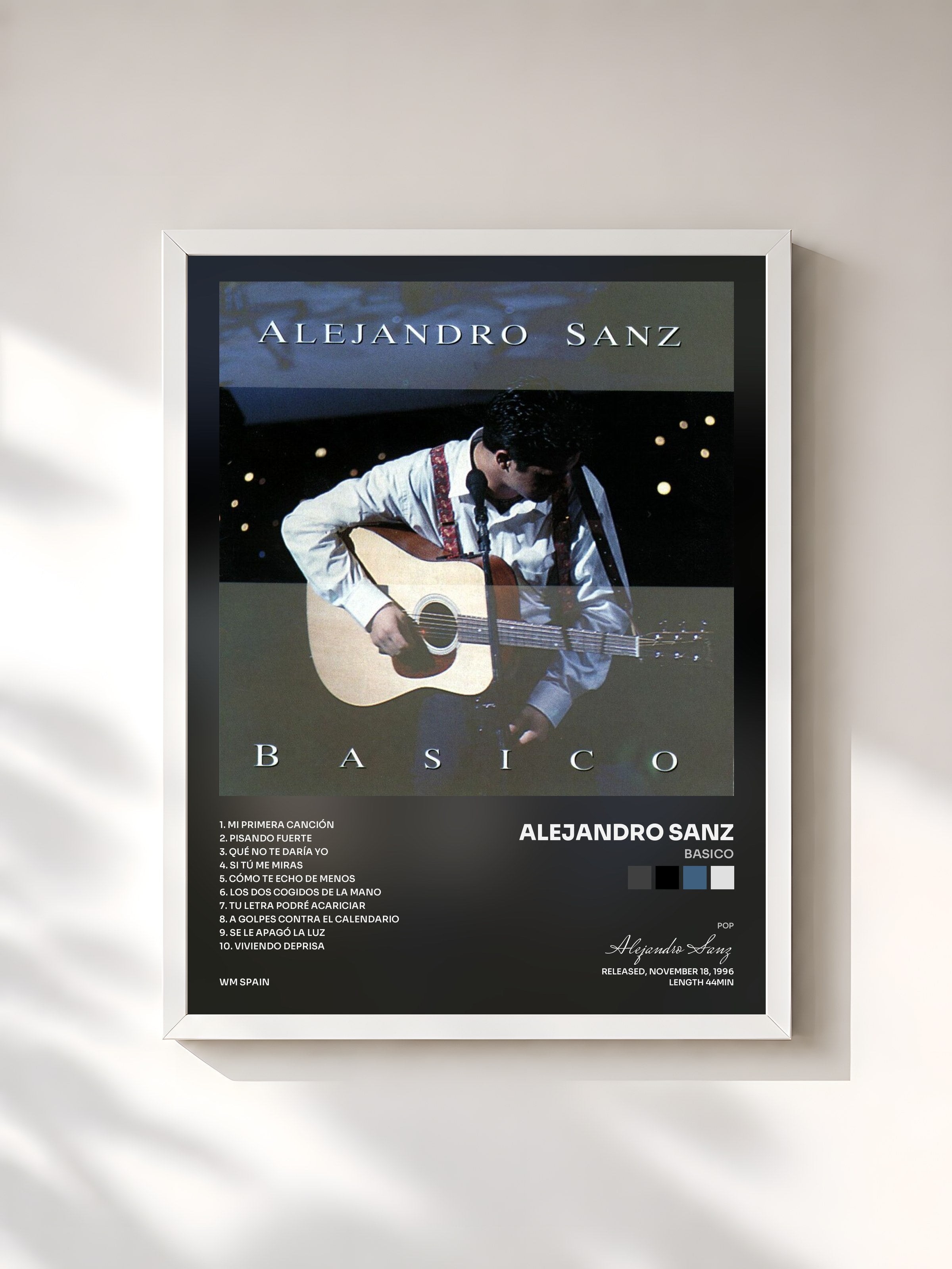 #blanc Tableau de l'album Basico de Alejandro Sanz, cadre blanc, imprimé et encadré en France