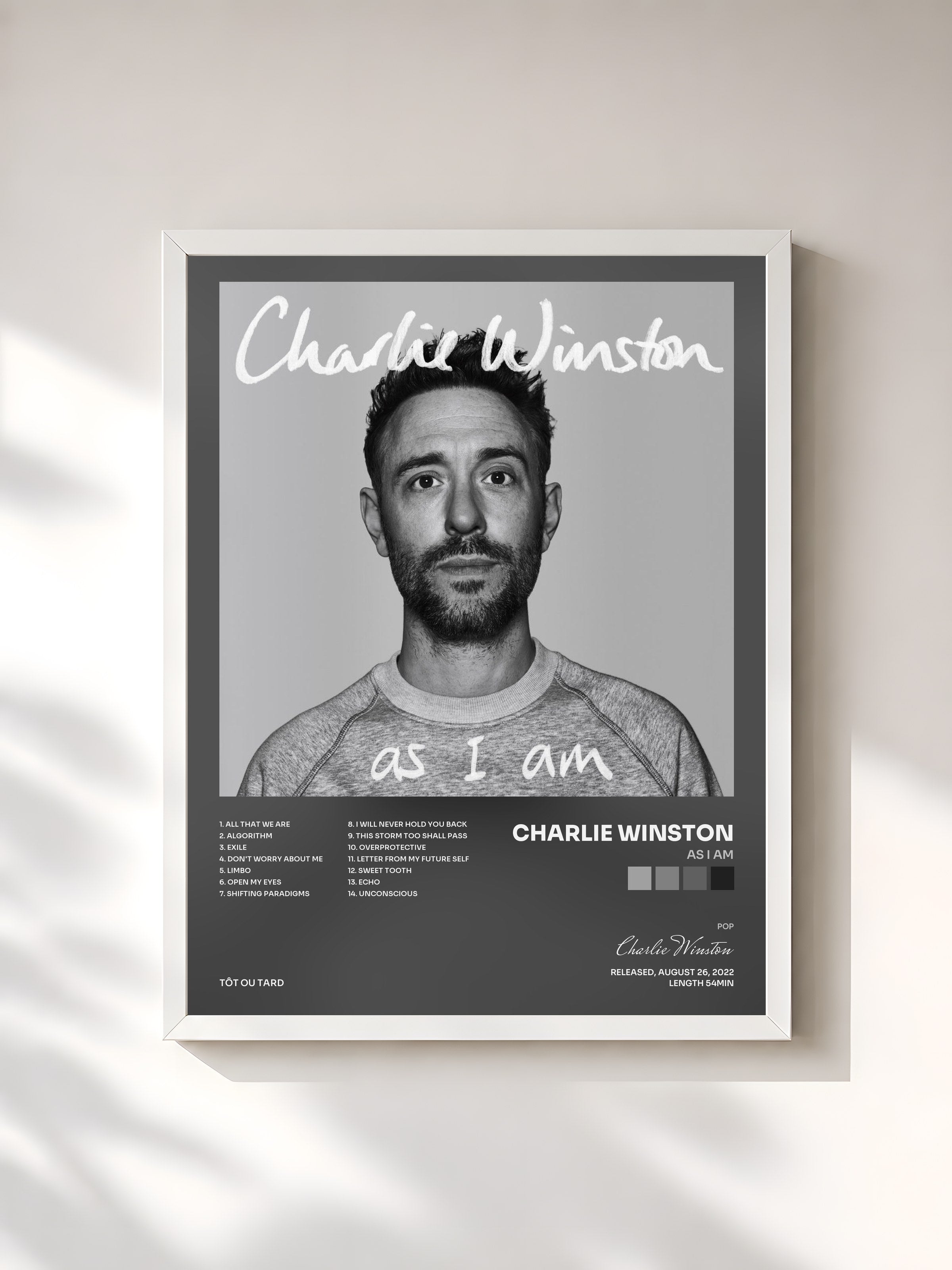 #blanc Tableau de l'album As I Am de Charlie Winston, cadre blanc, imprimé et encadré en France