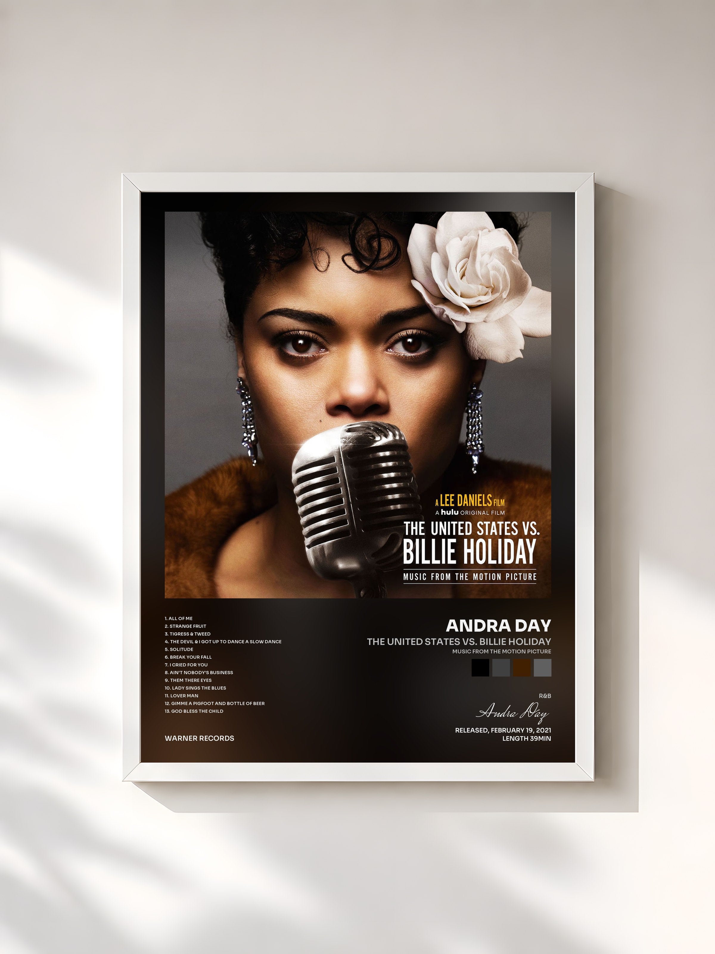 #blanc Tableau de l'album The United States vs. Billie Holiday (Music from the Motion Picture) de Andra Day, cadre blanc, imprimé et encadré en France