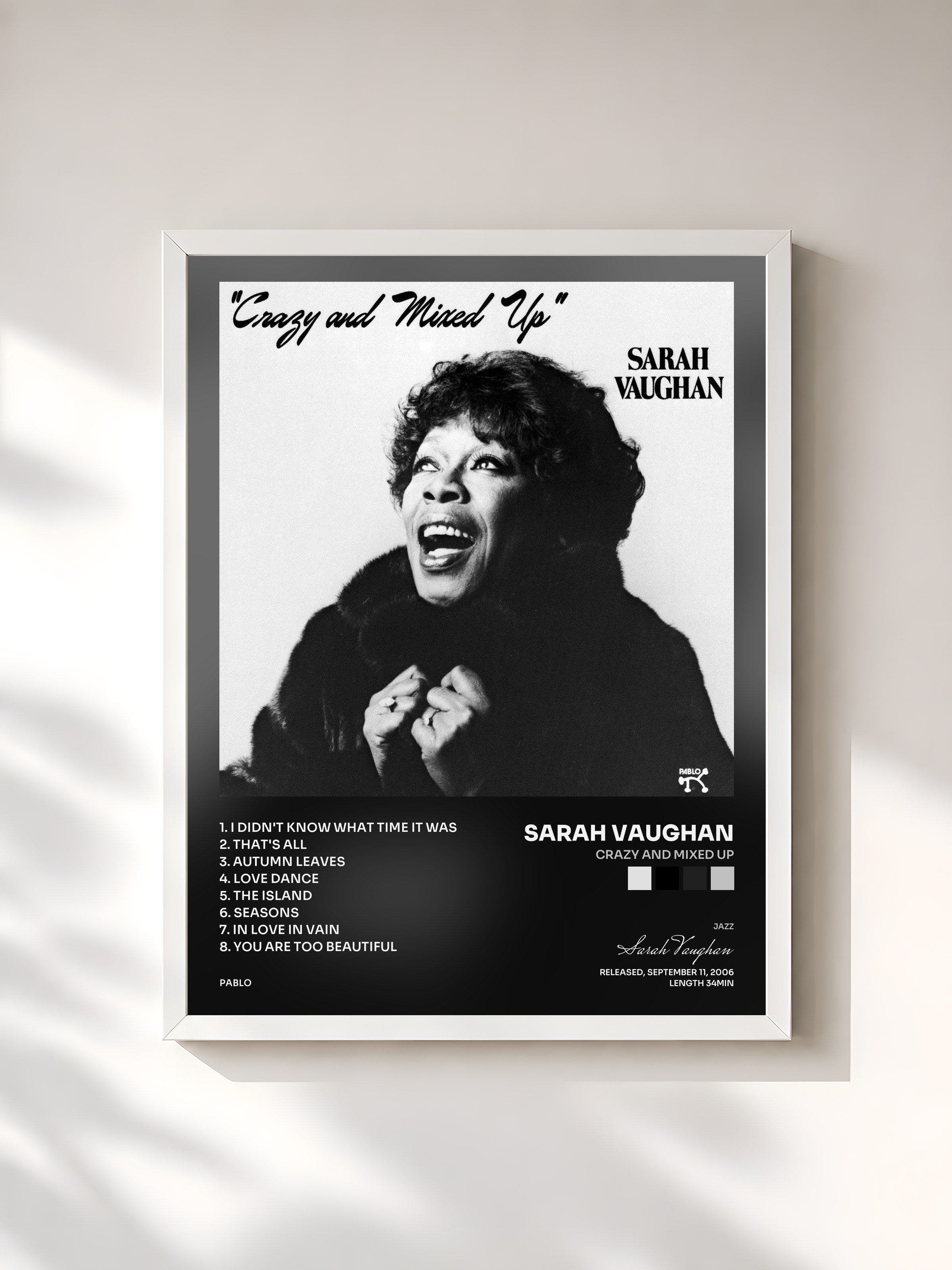 #blanc Tableau de l'album Crazy And Mixed Up de Sarah Vaughan, cadre blanc, imprimé et encadré en France