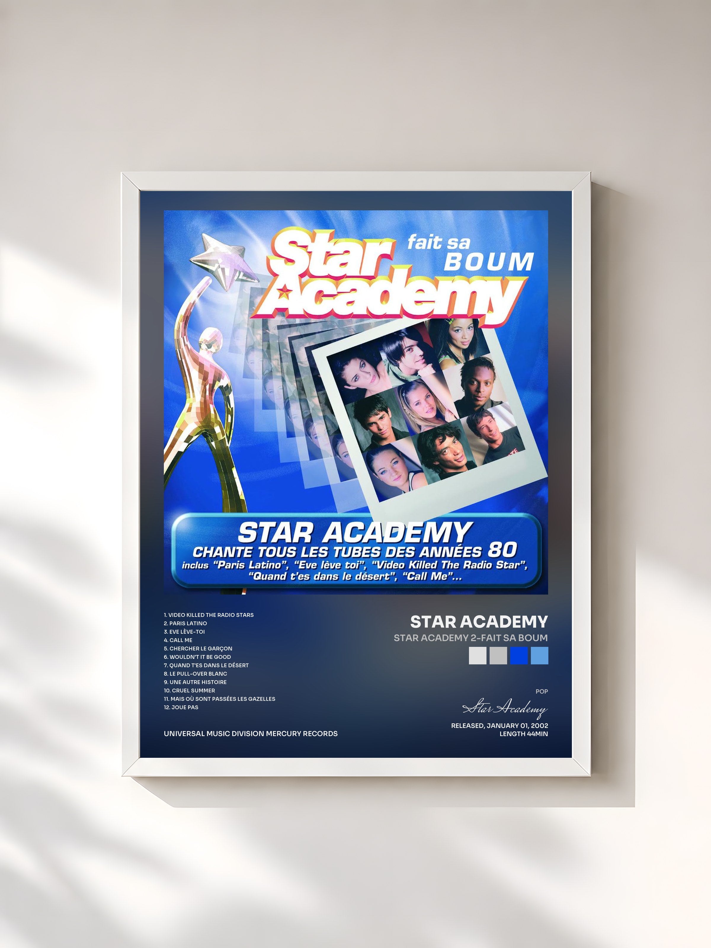 #blanc Tableau de l'album Star Academy 2-Fait Sa Boum de Star Academy, cadre blanc, imprimé et encadré en France