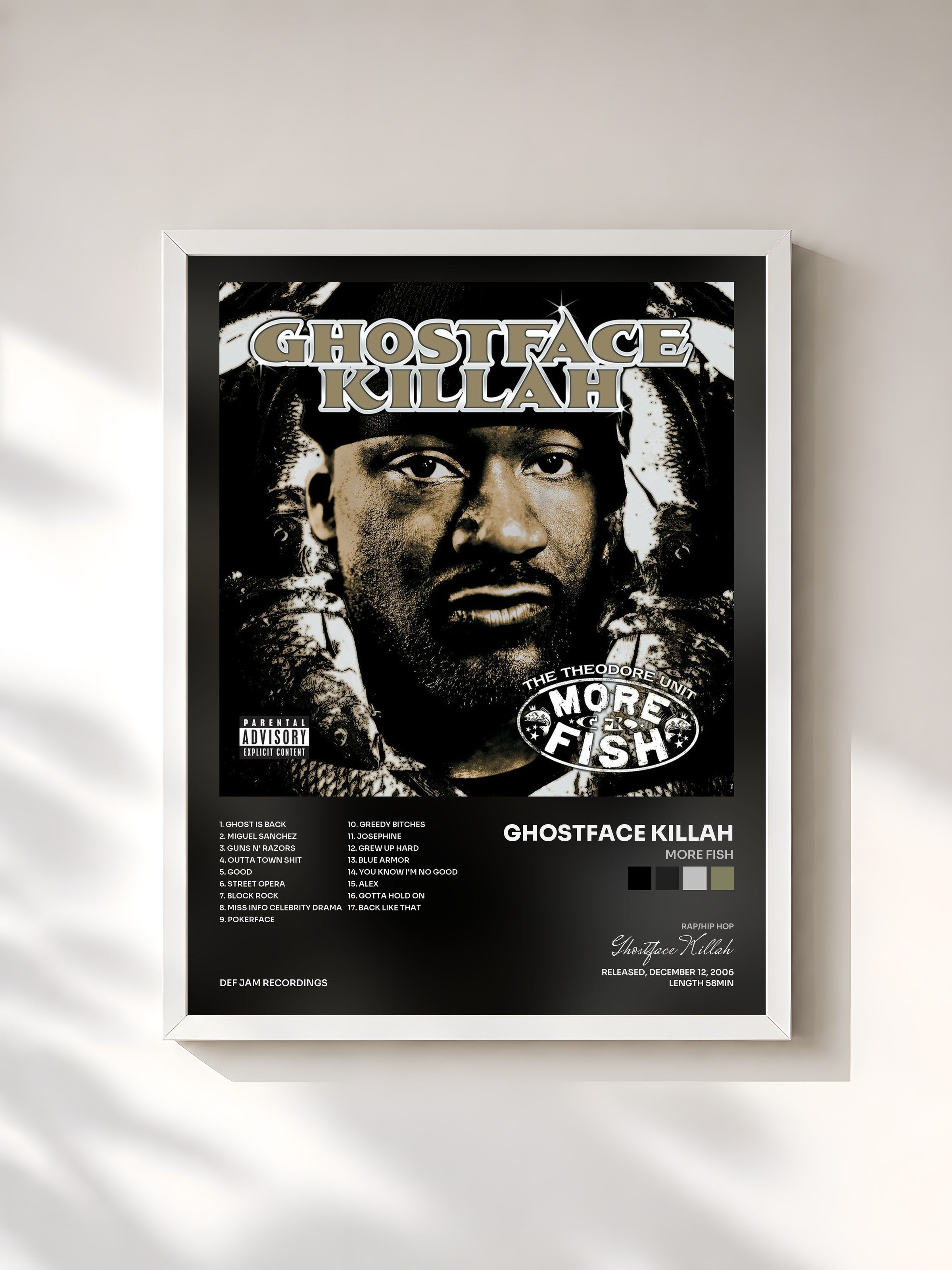 #blanc Tableau de l'album More Fish de Ghostface Killah, cadre blanc, imprimé et encadré en France