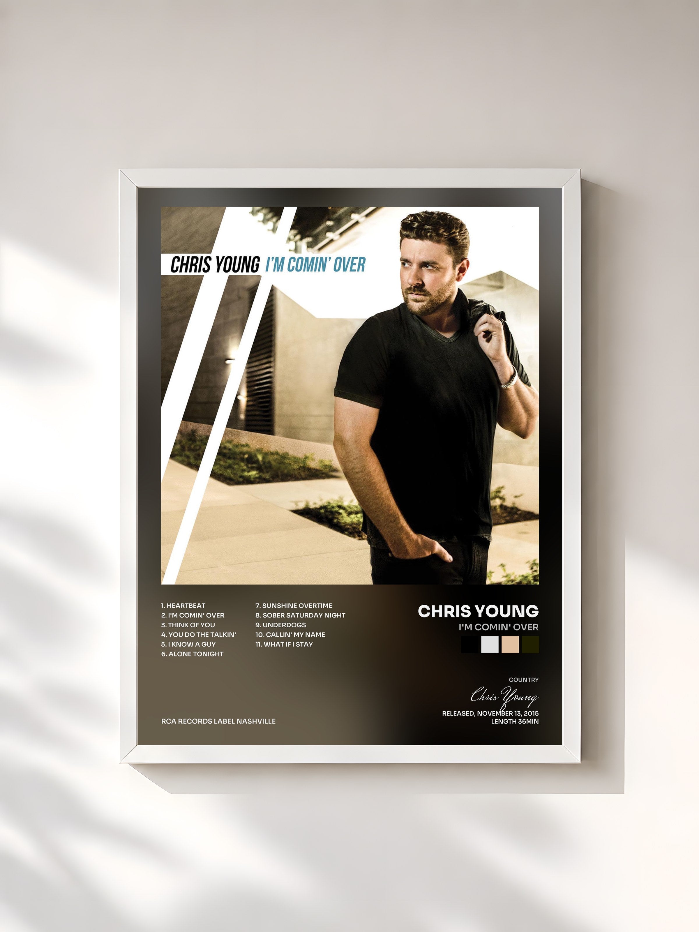 #blanc Tableau de l'album I'm Comin' Over de Chris Young, cadre blanc, imprimé et encadré en France