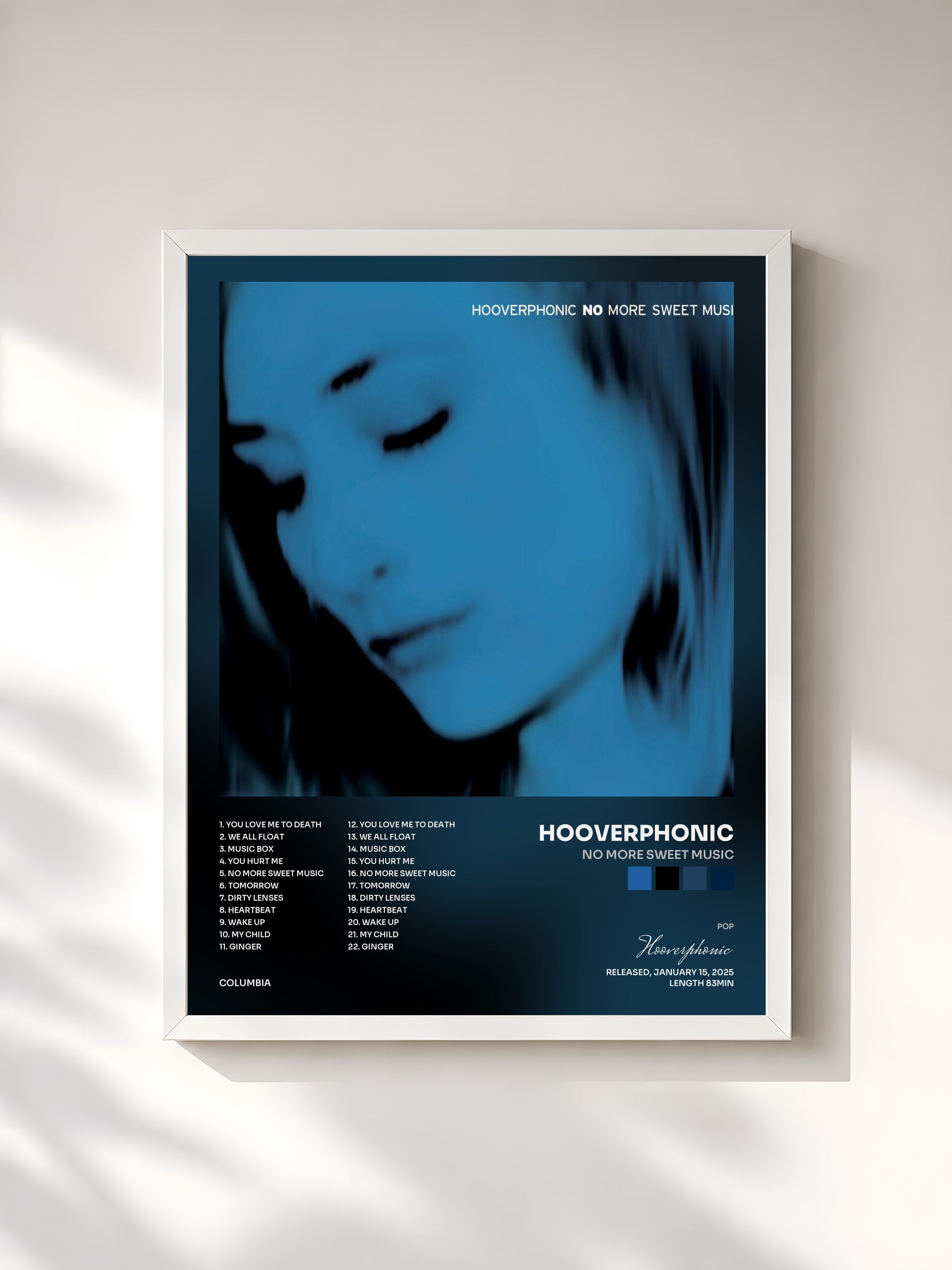 #blanc Tableau de l'album No More Sweet Music de Hooverphonic, cadre blanc, imprimé et encadré en France