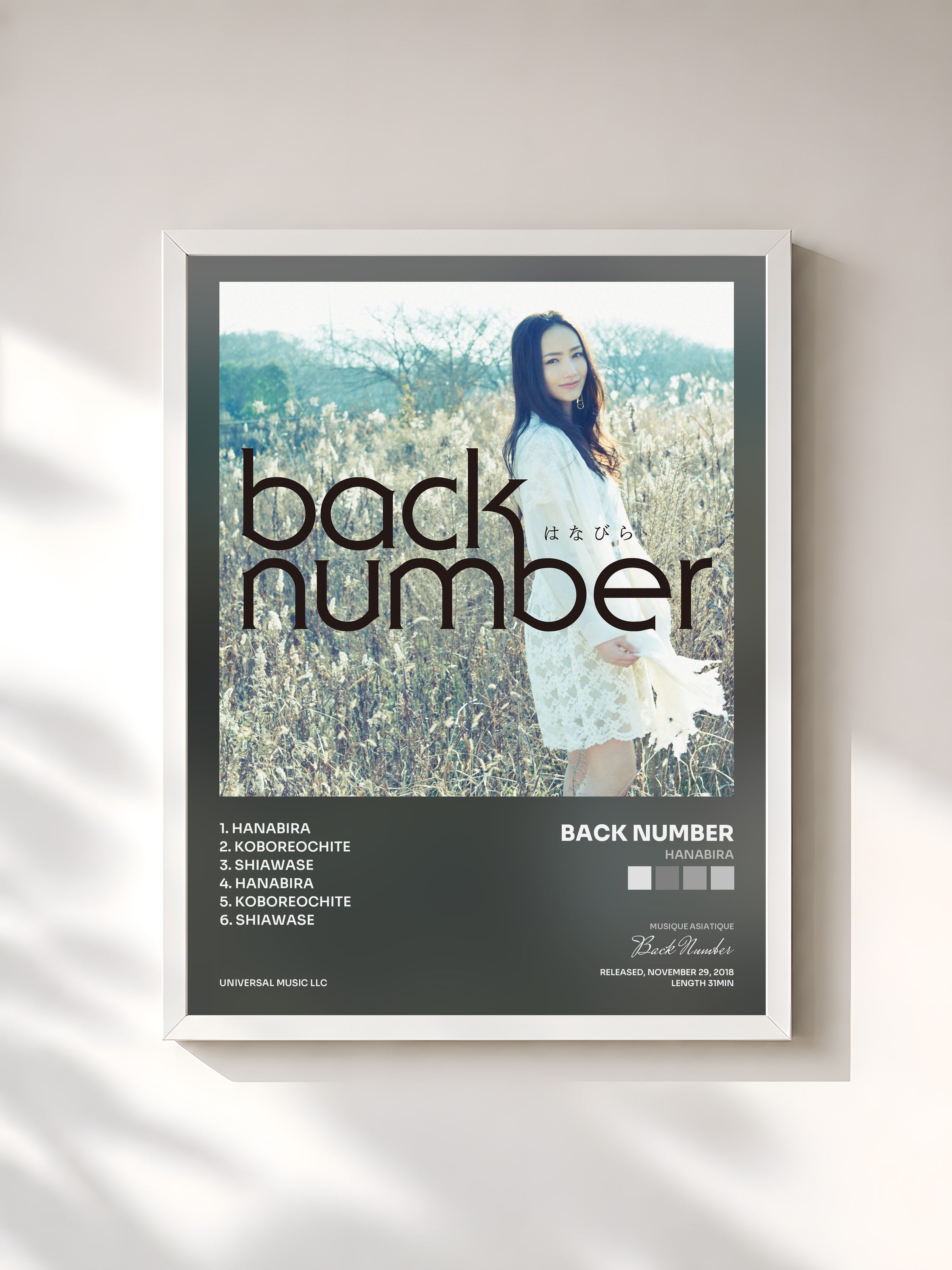 #blanc Tableau de l'album Hanabira de Back Number, cadre blanc, imprimé et encadré en France