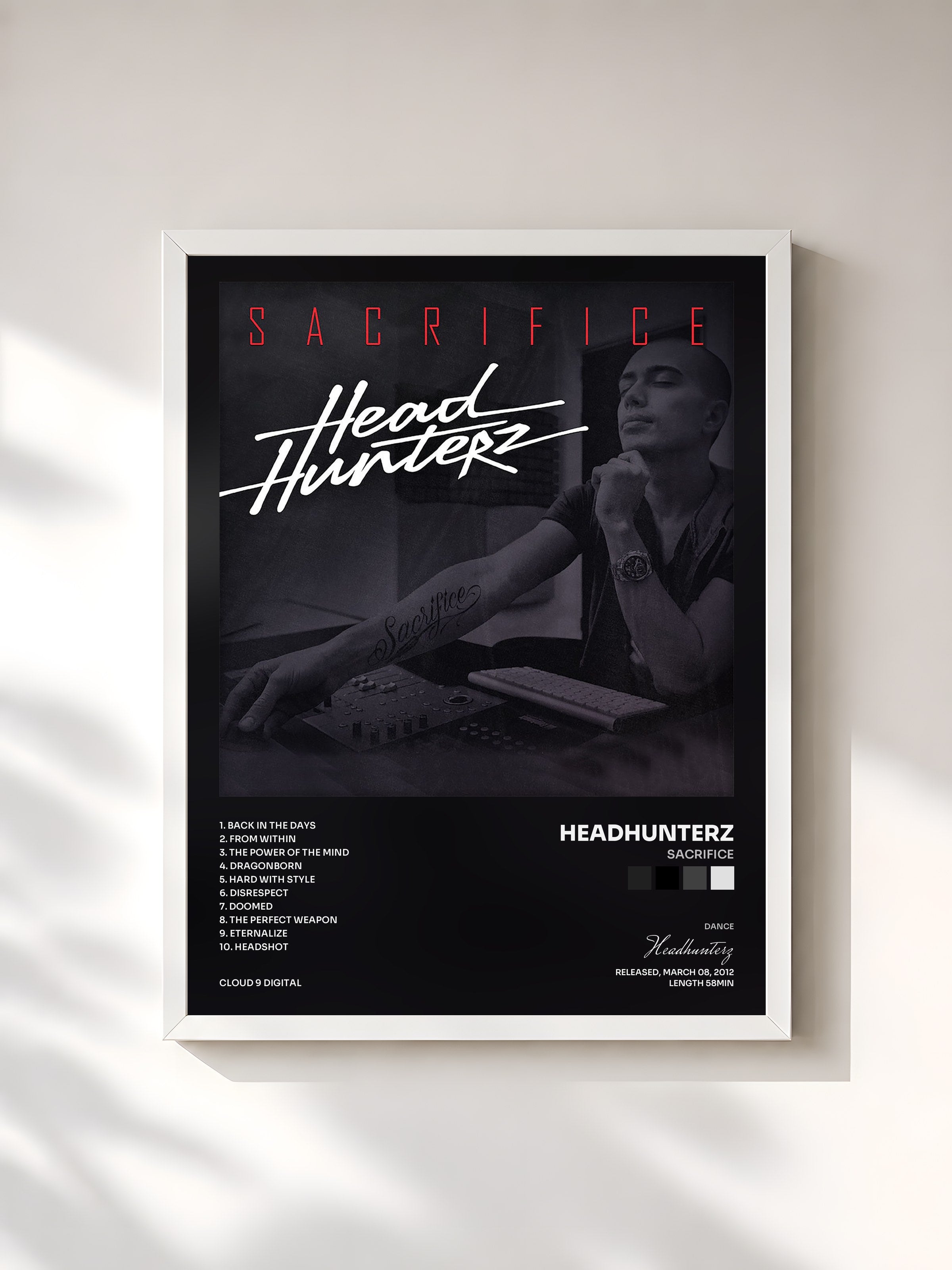 #blanc Tableau de l'album Sacrifice de Headhunterz, cadre blanc, imprimé et encadré en France