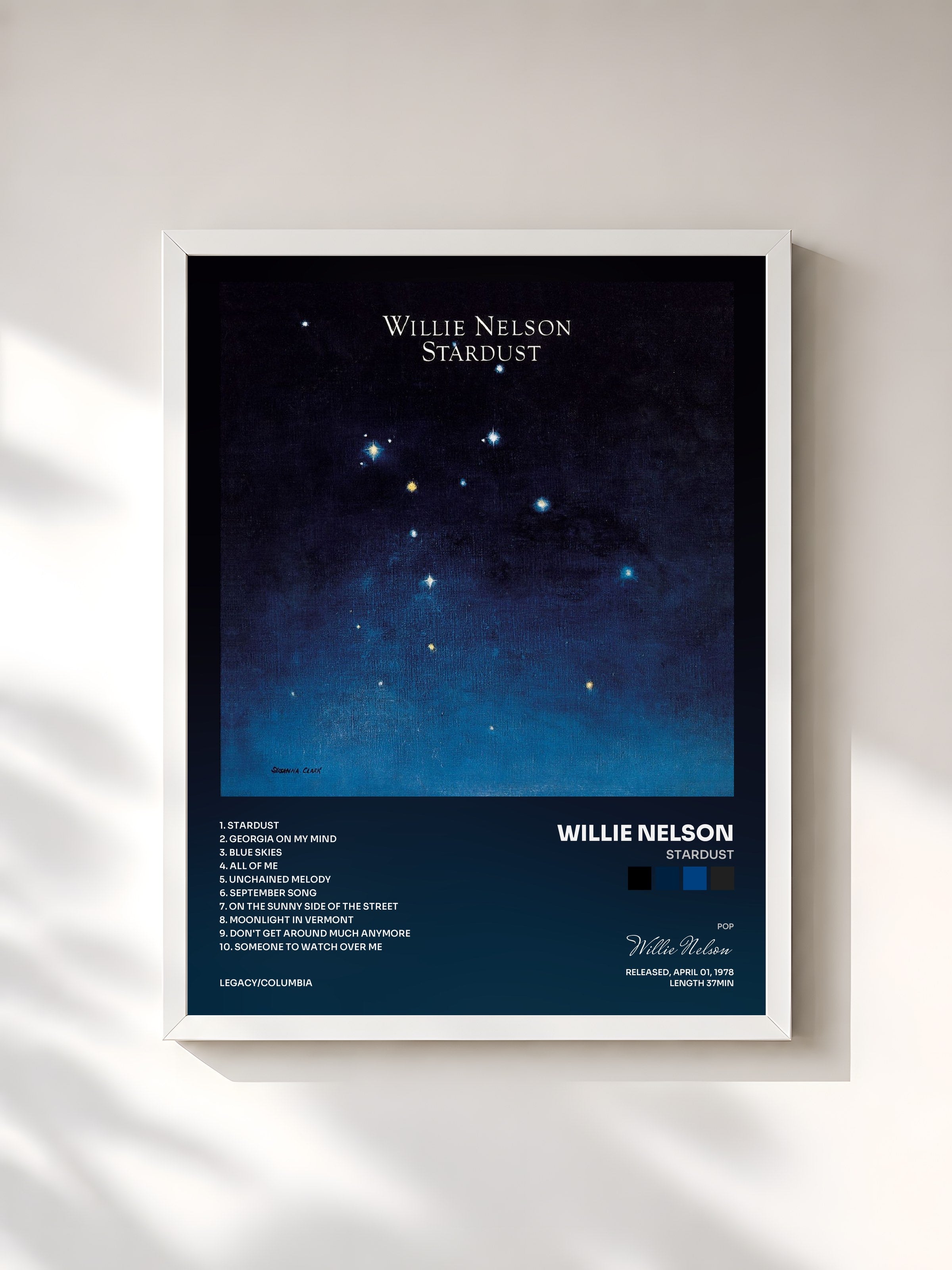 #blanc Tableau de l'album Stardust de Willie Nelson, cadre blanc, imprimé et encadré en France