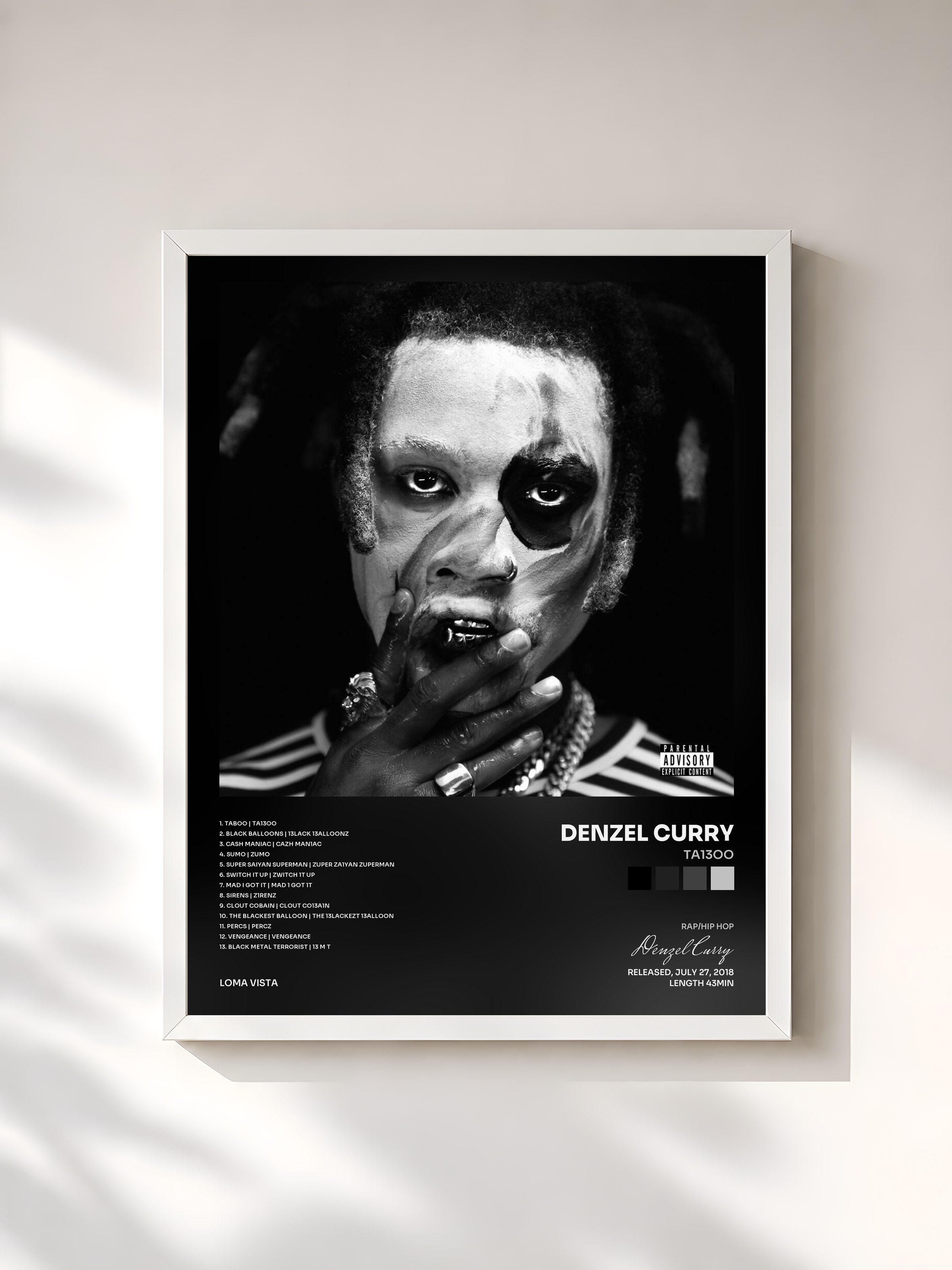 #blanc Tableau de l'album TA13OO de Denzel Curry, cadre blanc, imprimé et encadré en France