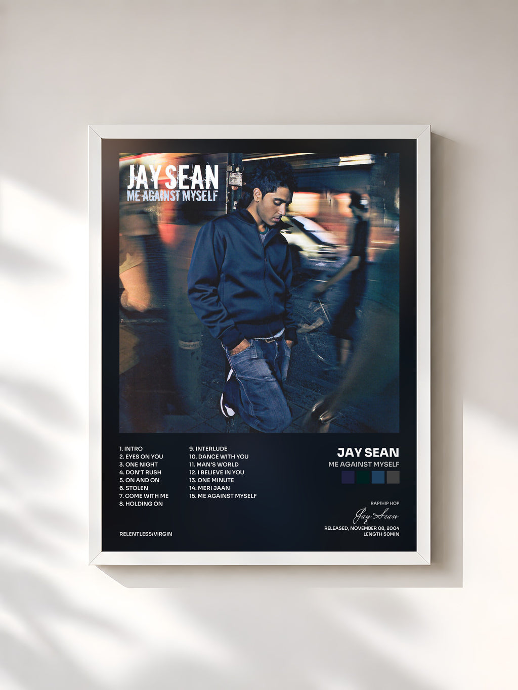 #blanc Tableau de l'album Me Against Myself de Jay Sean, cadre blanc, imprimé et encadré en France