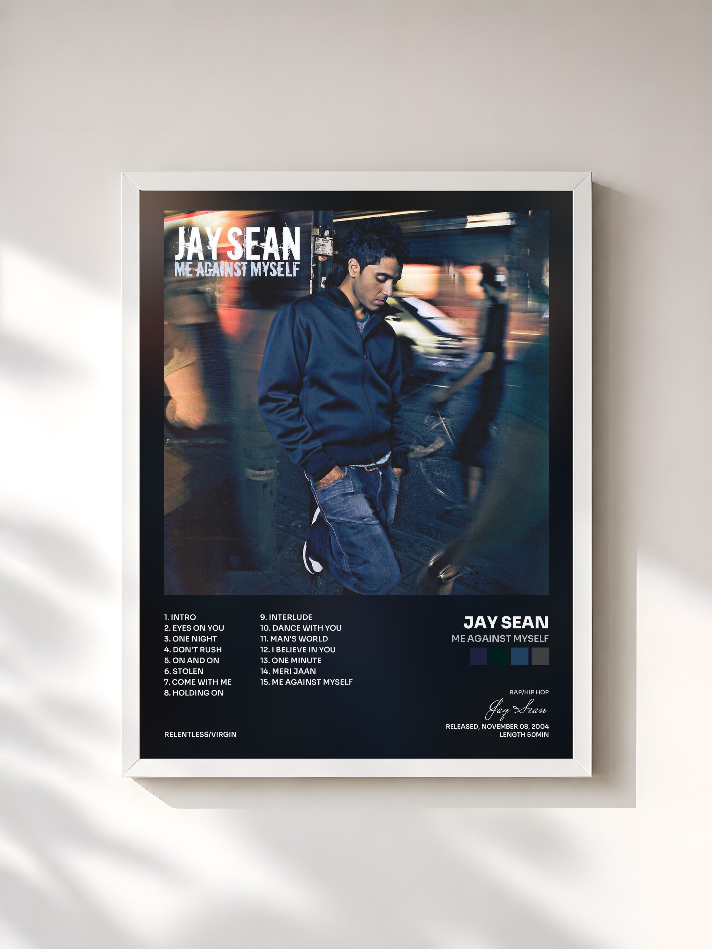 #blanc Tableau de l'album Me Against Myself de Jay Sean, cadre blanc, imprimé et encadré en France