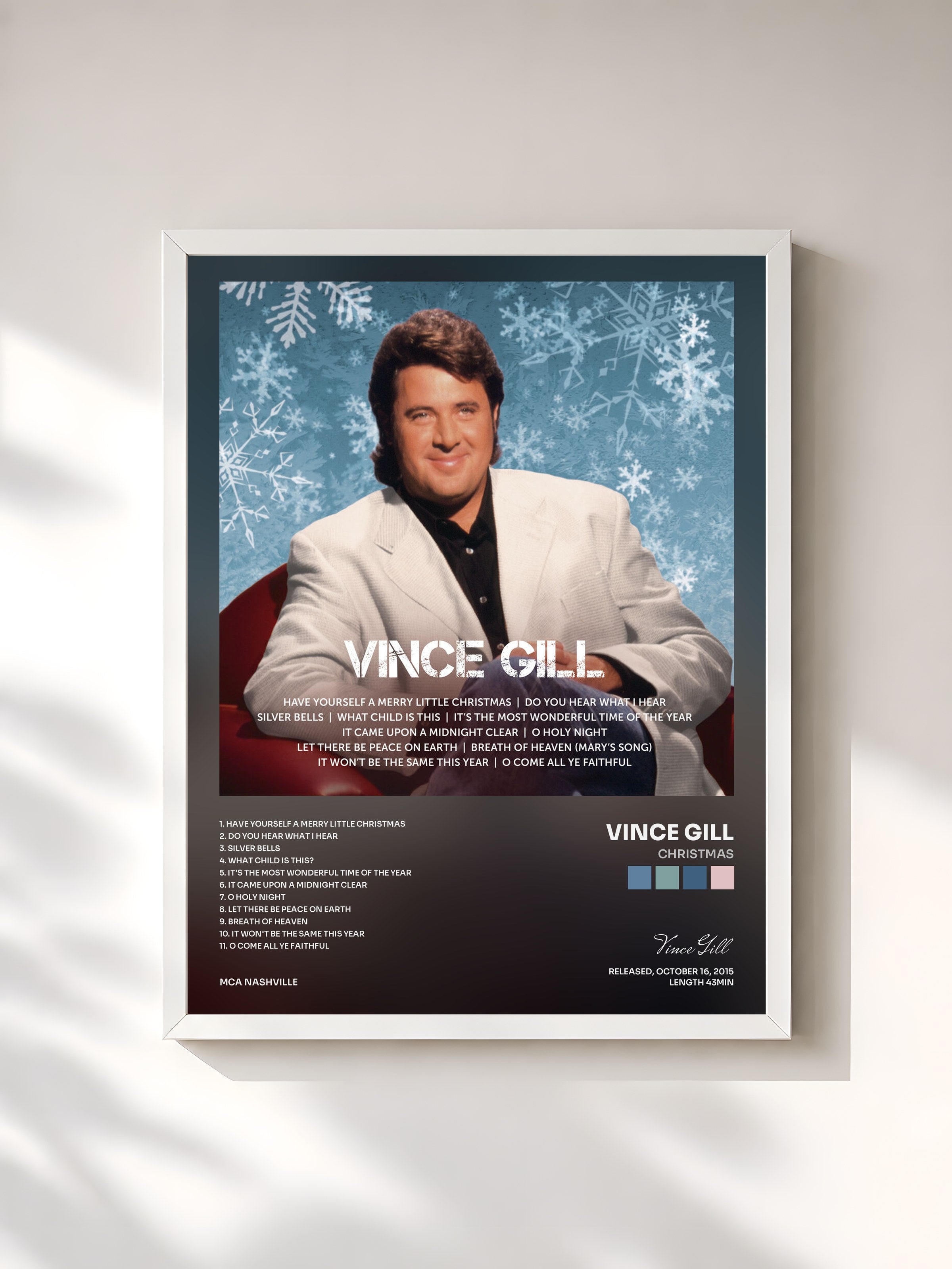 #blanc Tableau de l'album Christmas de Vince Gill, cadre blanc, imprimé et encadré en France