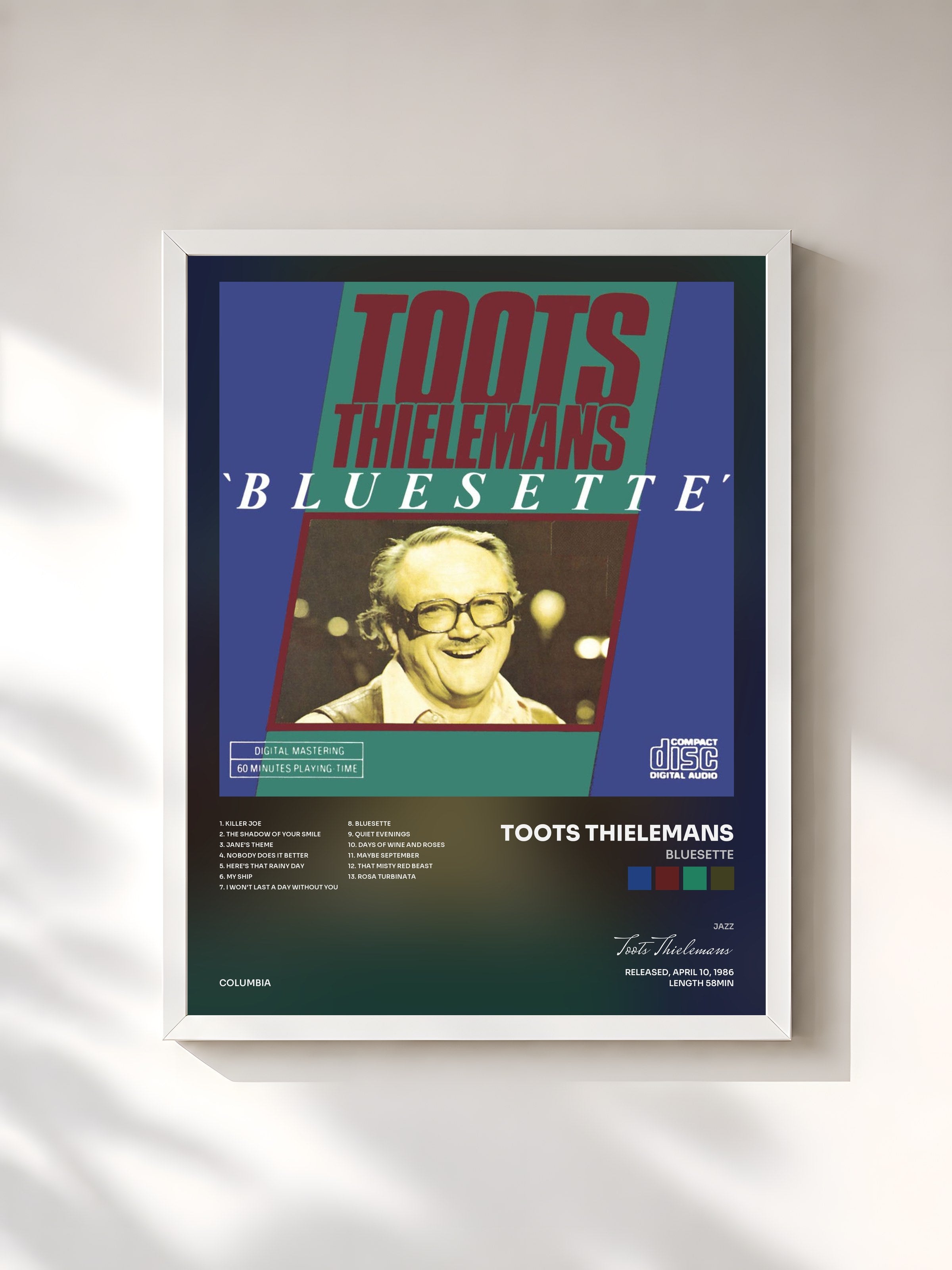 #blanc Tableau de l'album Bluesette de Toots Thielemans, cadre blanc, imprimé et encadré en France