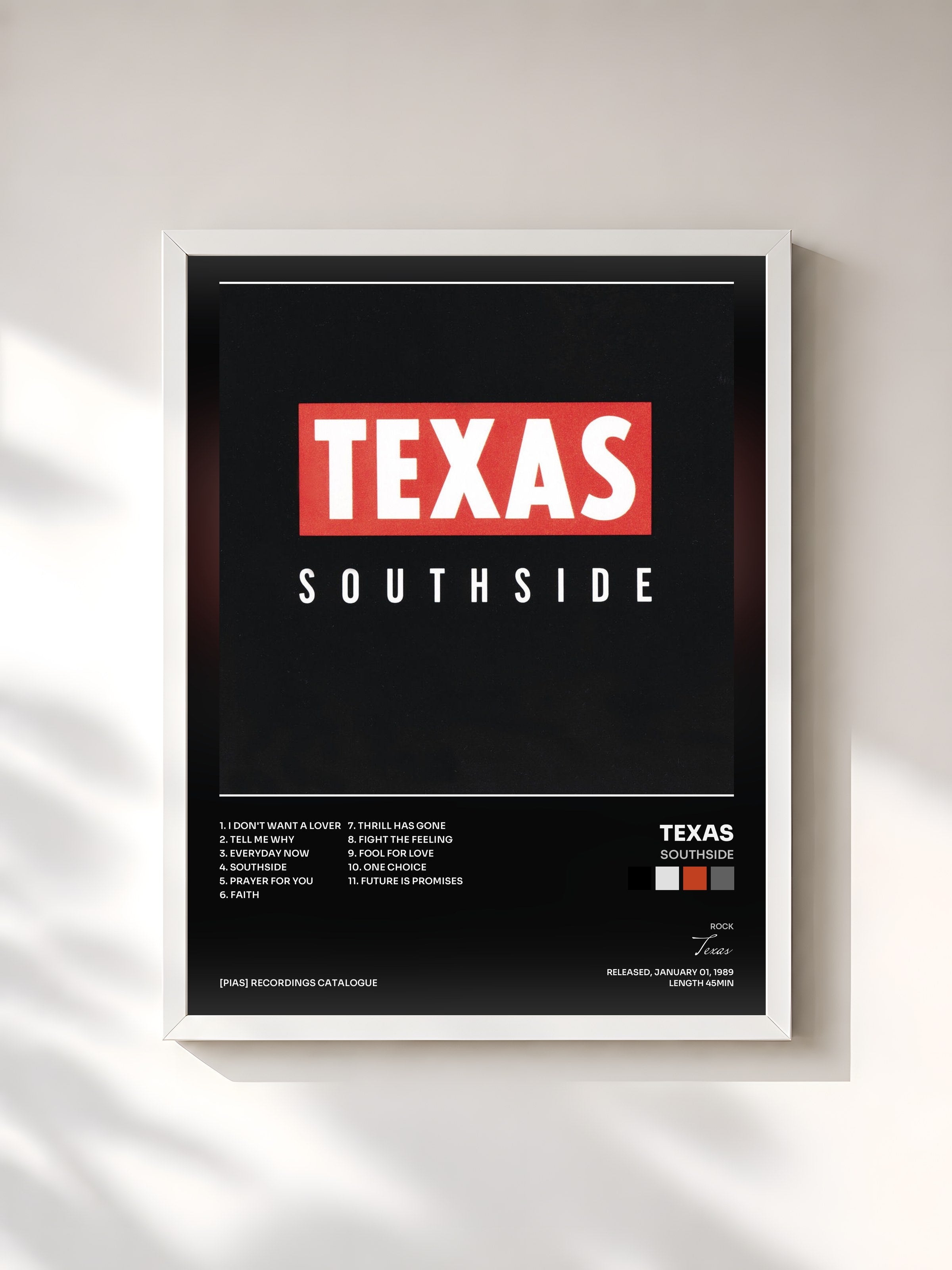 #blanc Tableau de l'album Southside de Texas, cadre blanc, imprimé et encadré en France