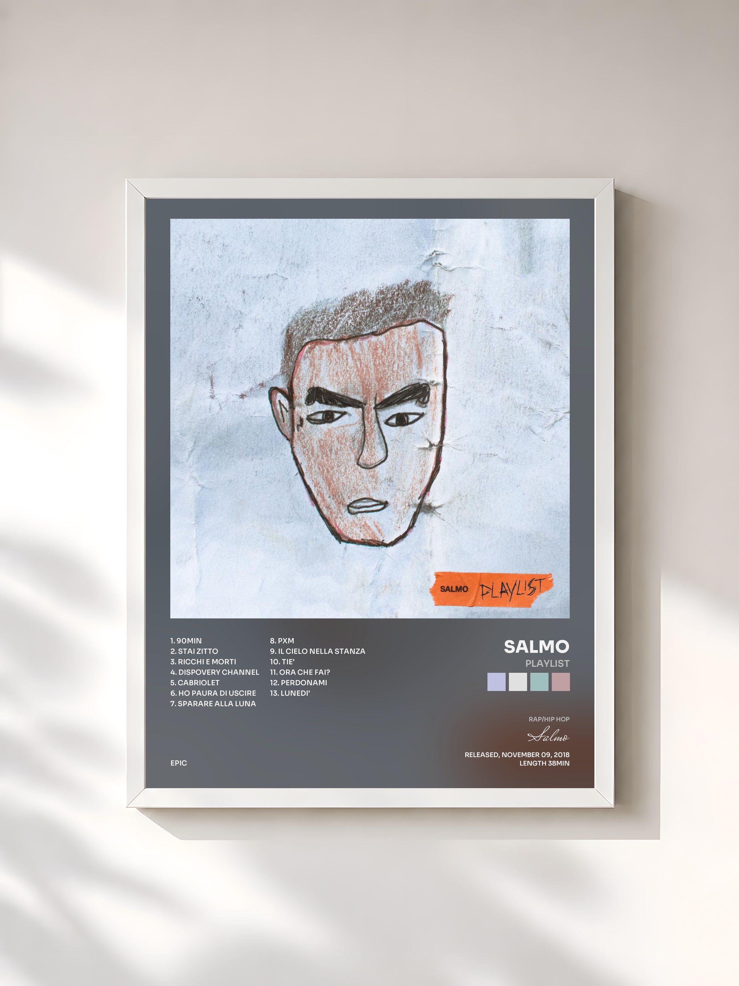 #blanc Tableau de l'album Playlist de Salmo, cadre blanc, imprimé et encadré en France
