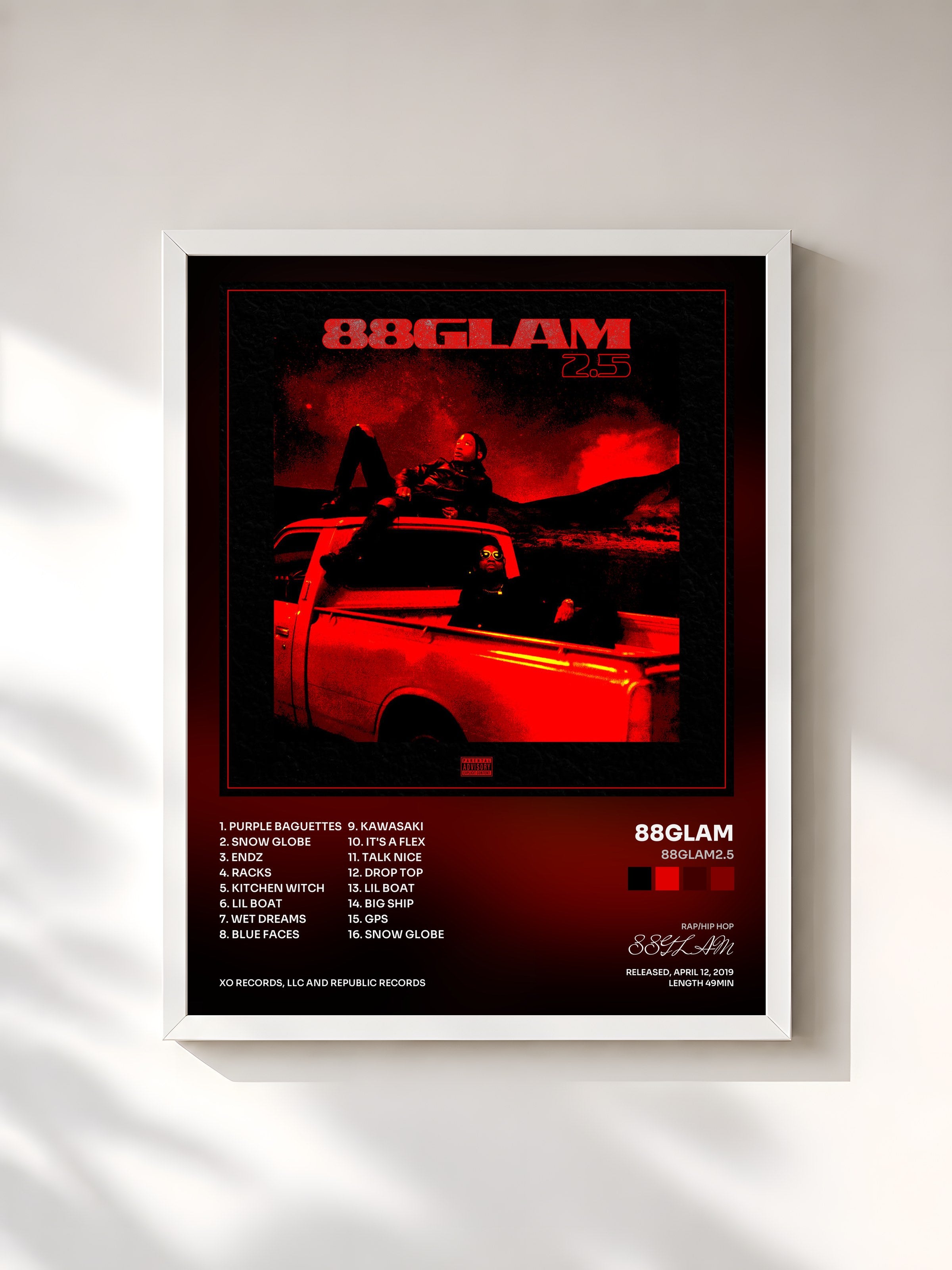#blanc Tableau de l'album 88GLAM2.5 de 88GLAM, cadre blanc, imprimé et encadré en France