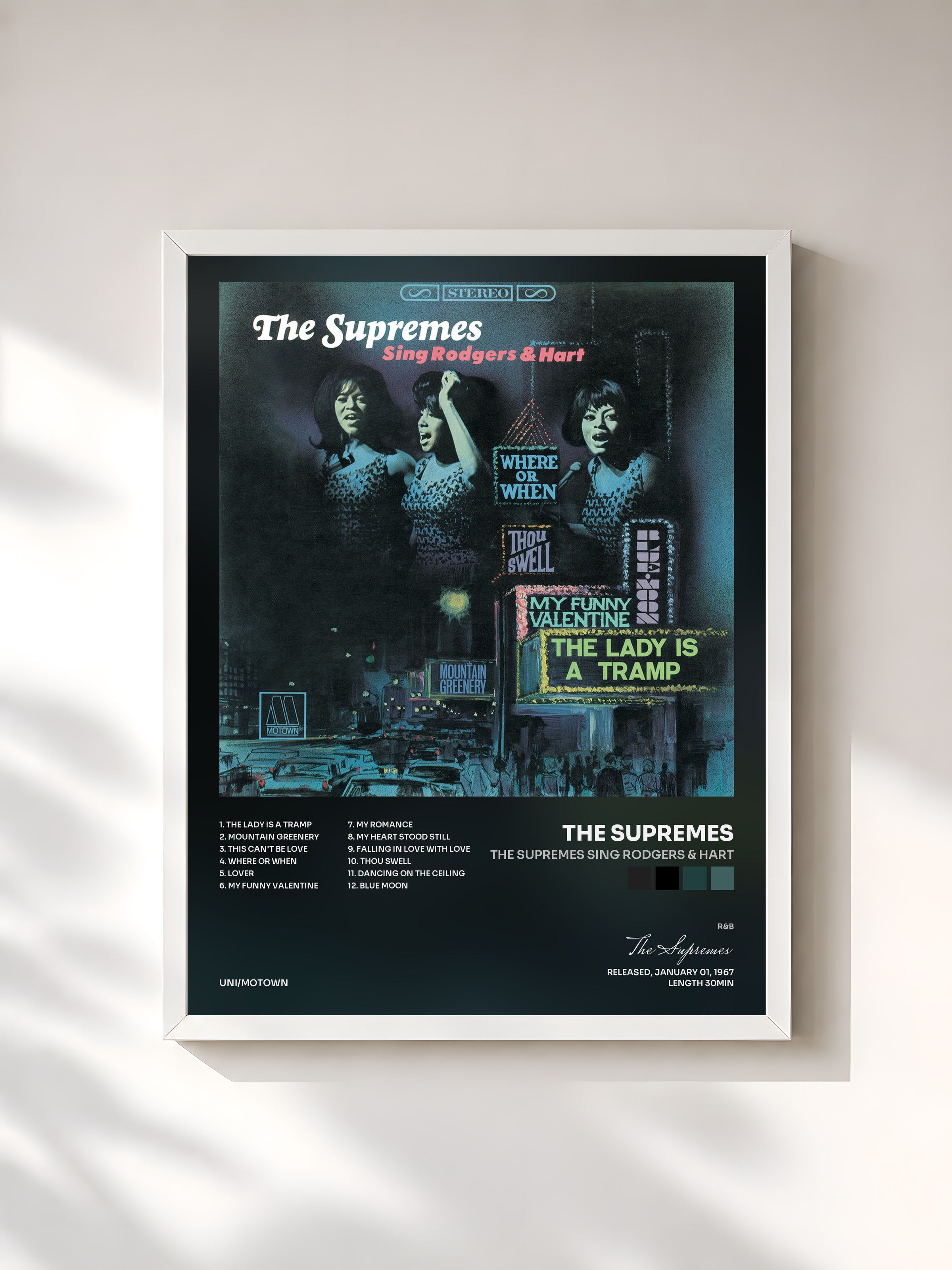 #blanc Tableau de l'album The Supremes Sing Rodgers & Hart de The Supremes, cadre blanc, imprimé et encadré en France
