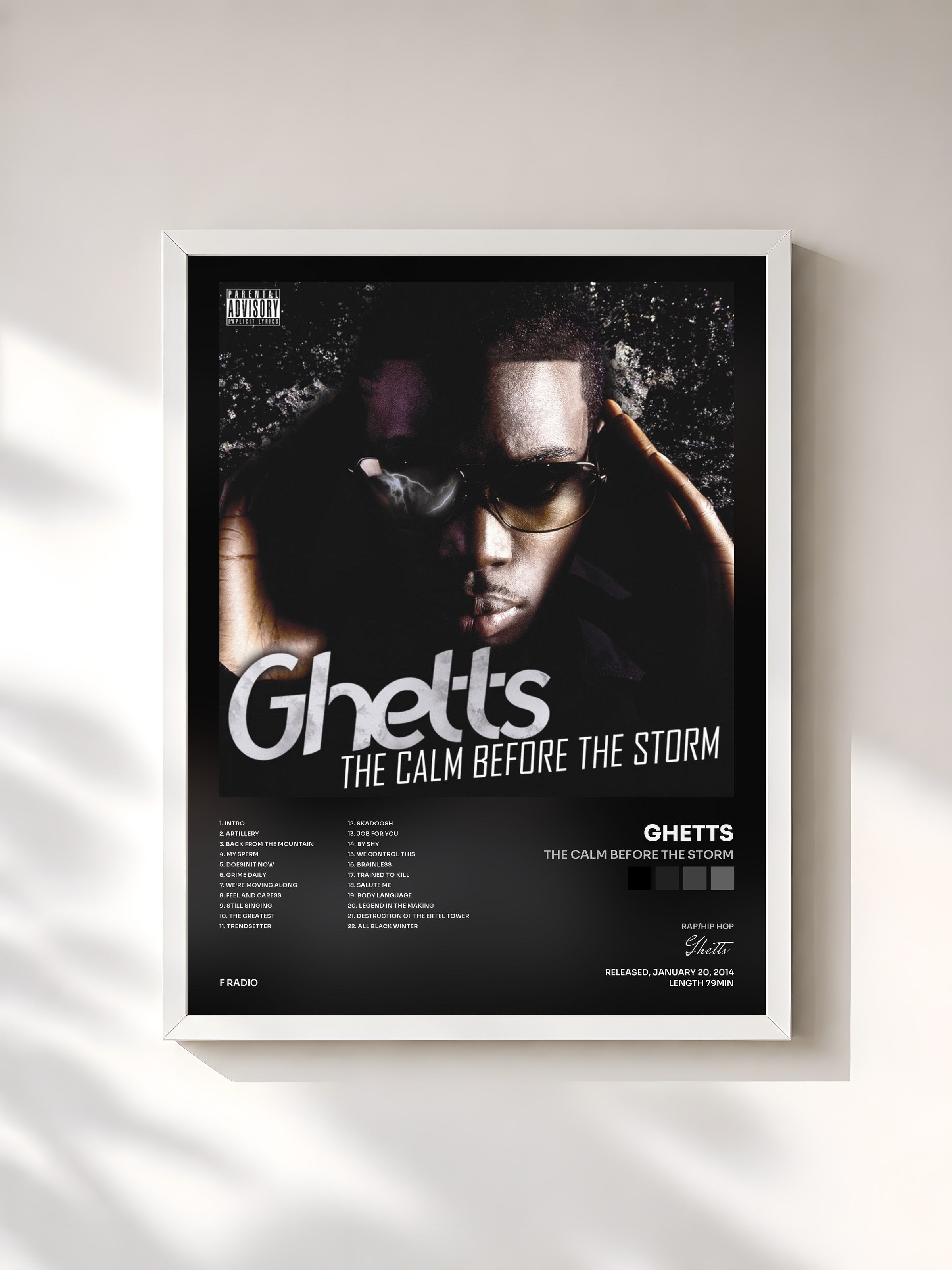 #blanc Tableau de l'album The Calm Before the Storm de Ghetts, cadre blanc, imprimé et encadré en France