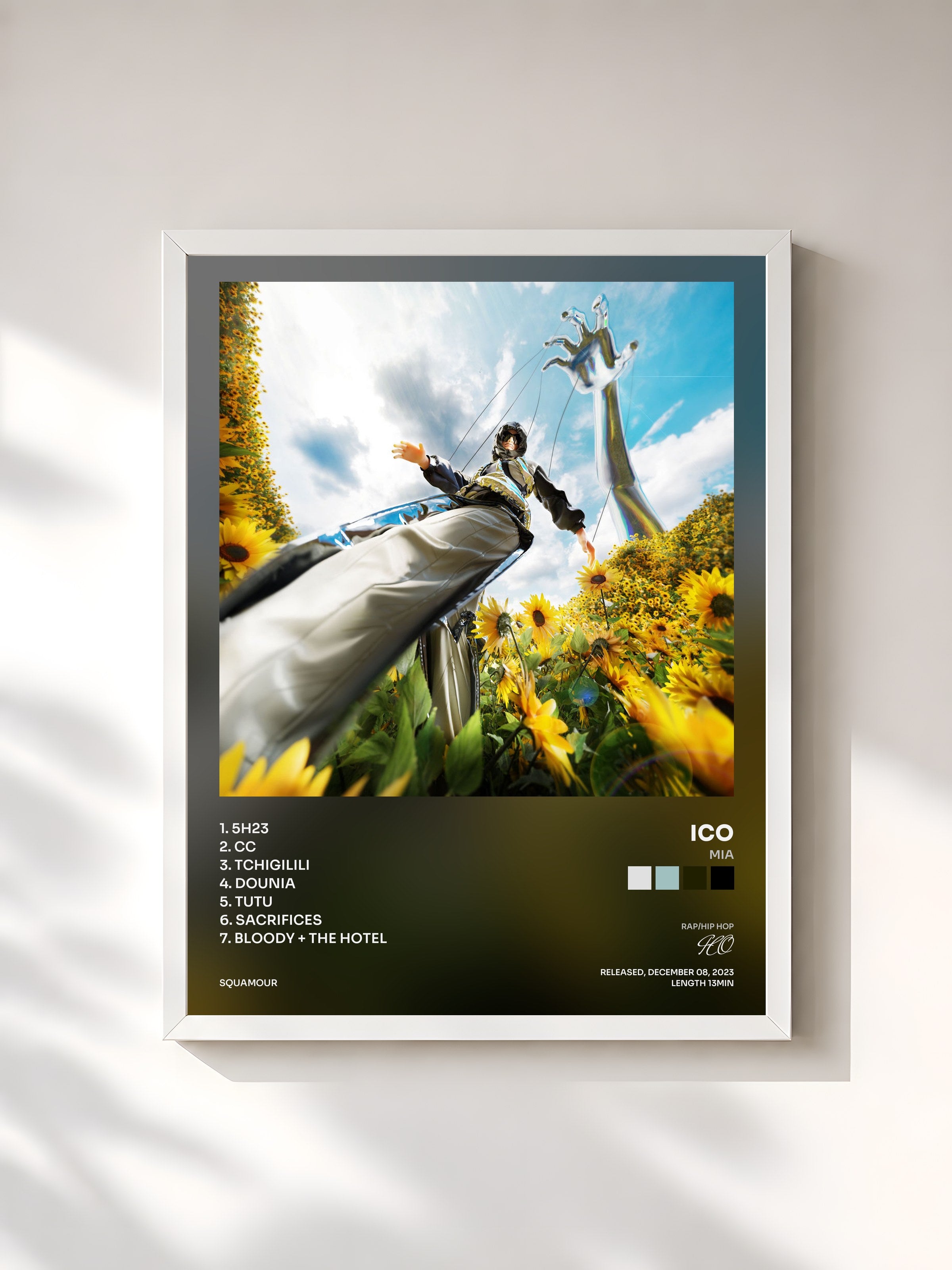 #blanc Tableau de l'album MIA de ICO, cadre blanc, imprimé et encadré en France