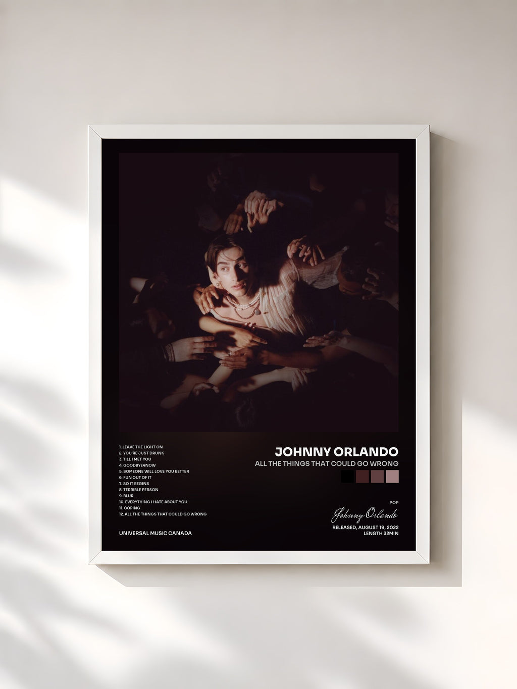 #blanc Tableau de l'album all the things that could go wrong de Johnny Orlando, cadre blanc, imprimé et encadré en France