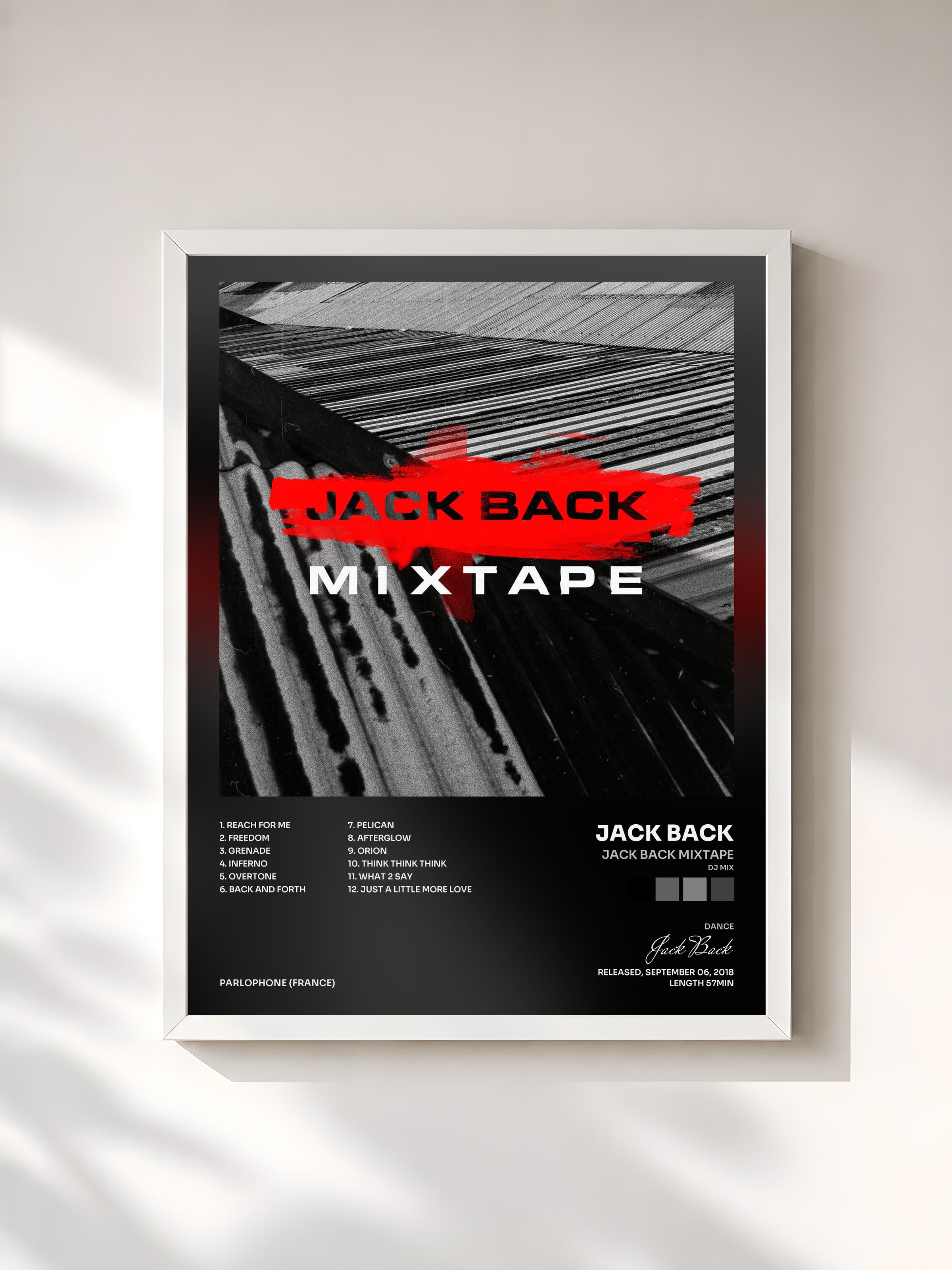 #blanc Tableau de l'album Jack Back Mixtape (DJ Mix) de Jack Back, cadre blanc, imprimé et encadré en France