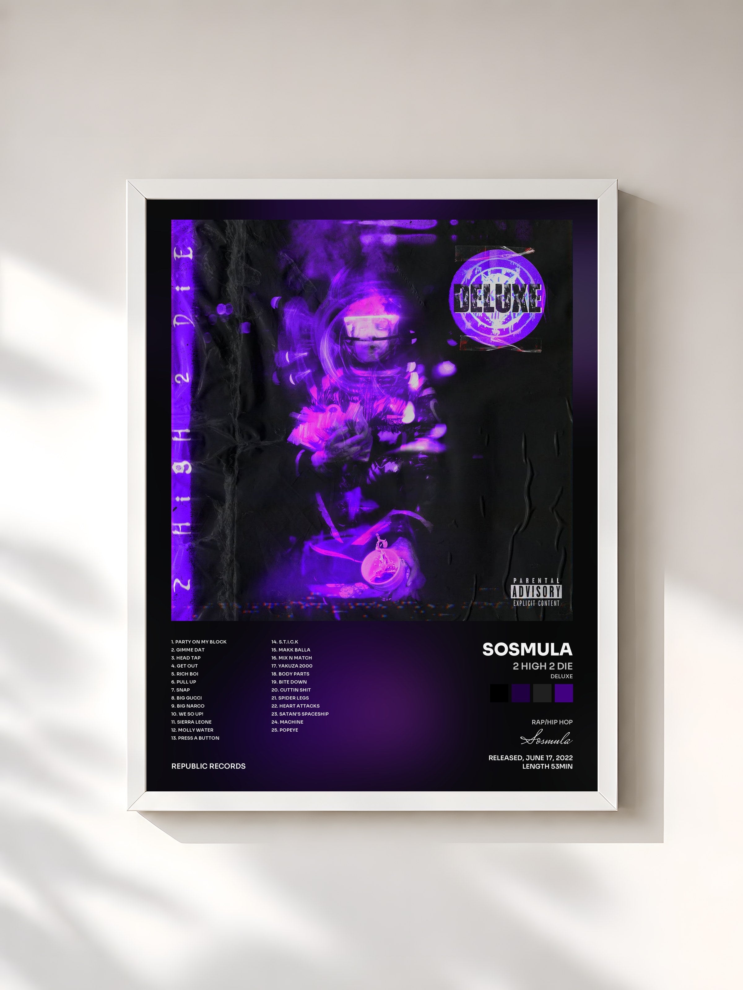 #blanc Tableau de l'album 2 HIGH 2 DIE (Deluxe) de Sosmula, cadre blanc, imprimé et encadré en France