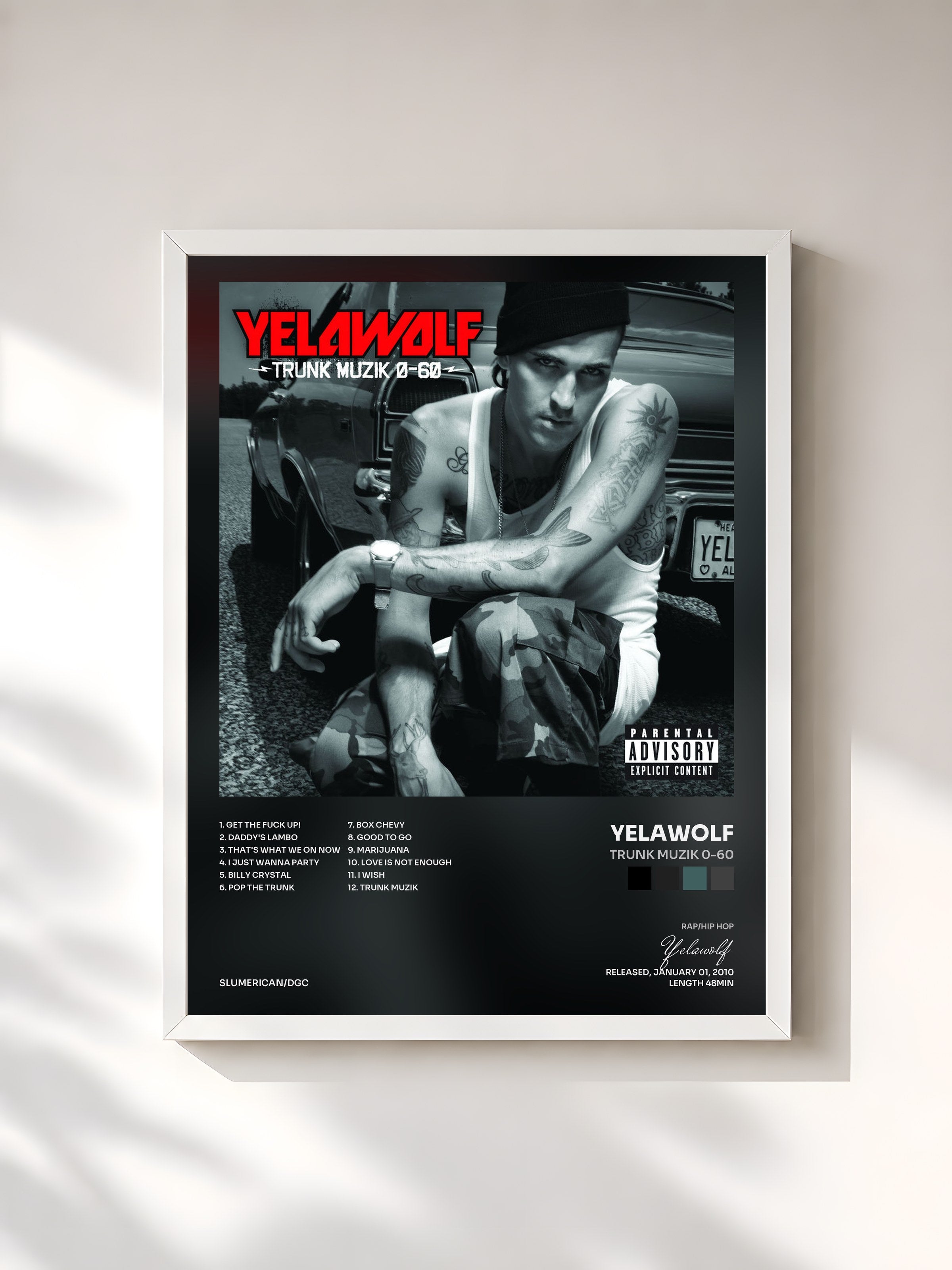 #blanc Tableau de l'album Trunk Muzik 0-60 de Yelawolf, cadre blanc, imprimé et encadré en France
