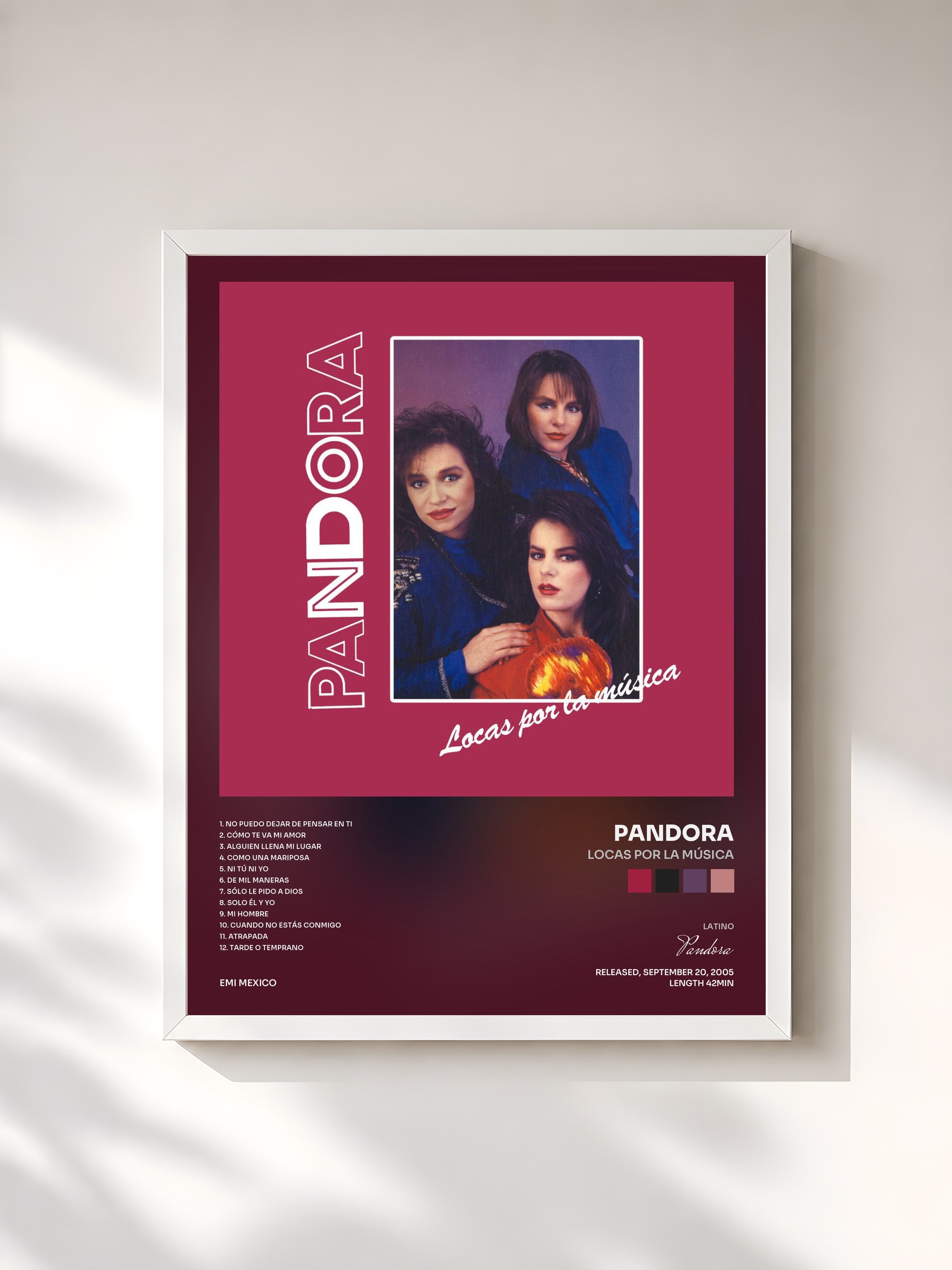 #blanc Tableau de l'album Locas Por La Música de Pandora, cadre blanc, imprimé et encadré en France