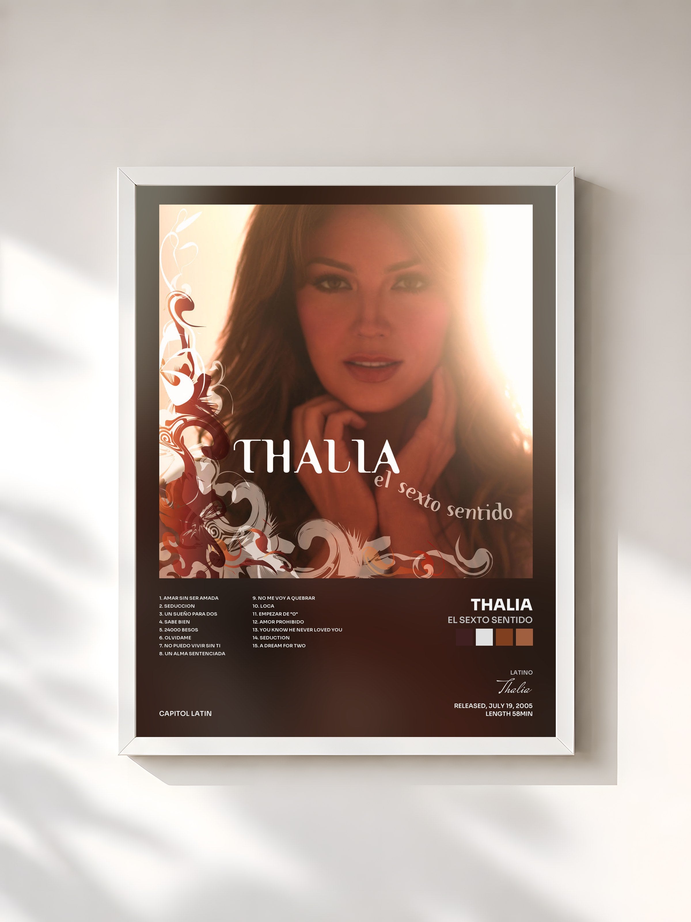 #blanc Tableau de l'album El Sexto Sentido de Thalia, cadre blanc, imprimé et encadré en France