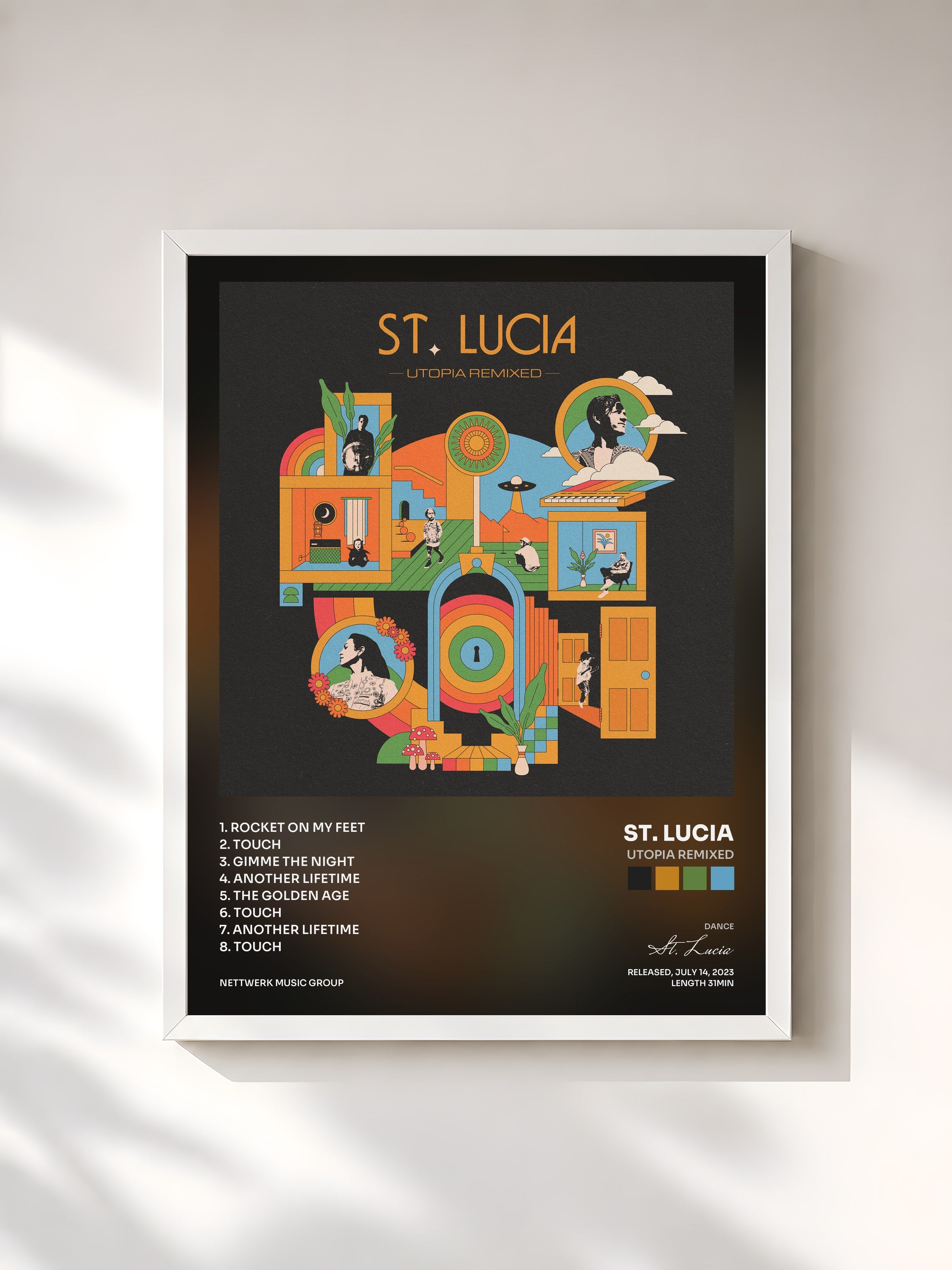 #blanc Tableau de l'album Utopia Remixed de St. Lucia, cadre blanc, imprimé et encadré en France