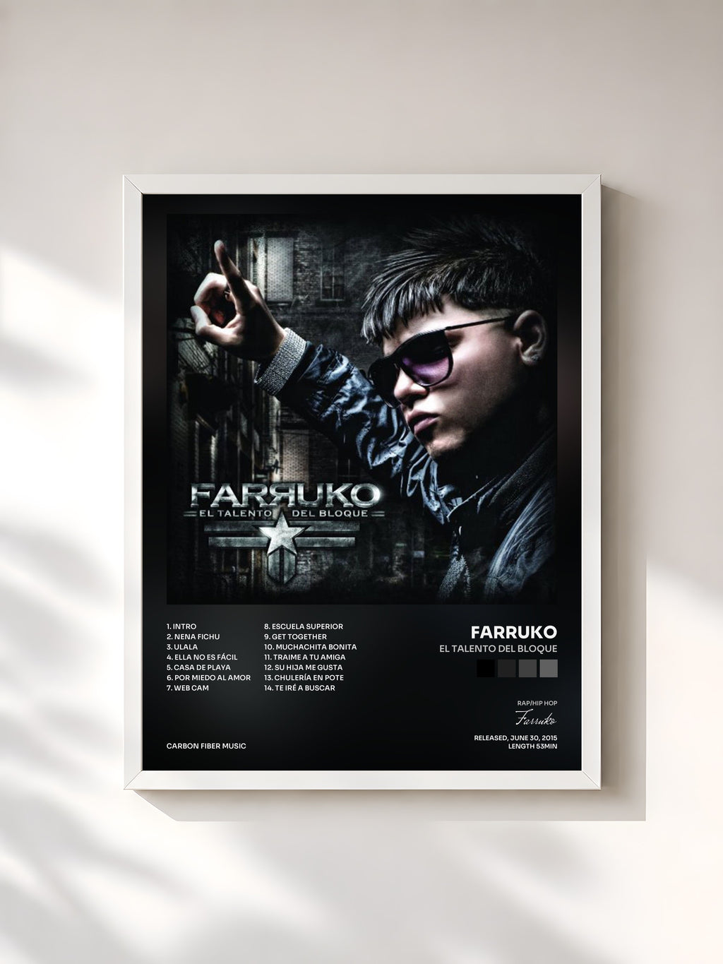 #blanc Tableau de l'album El Talento del Bloque de Farruko, cadre blanc, imprimé et encadré en France