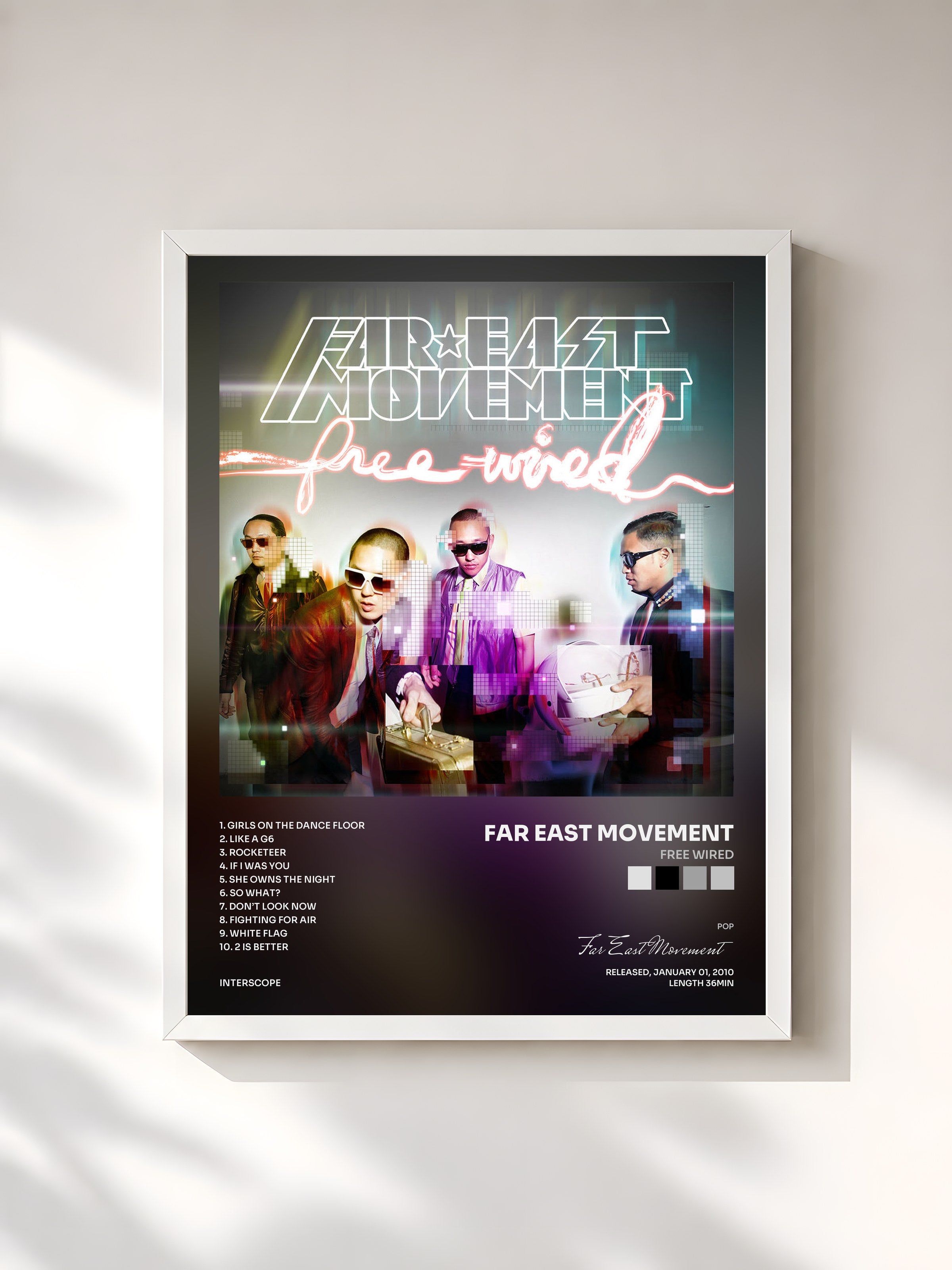 #blanc Tableau de l'album Free Wired de Far East Movement, cadre blanc, imprimé et encadré en France
