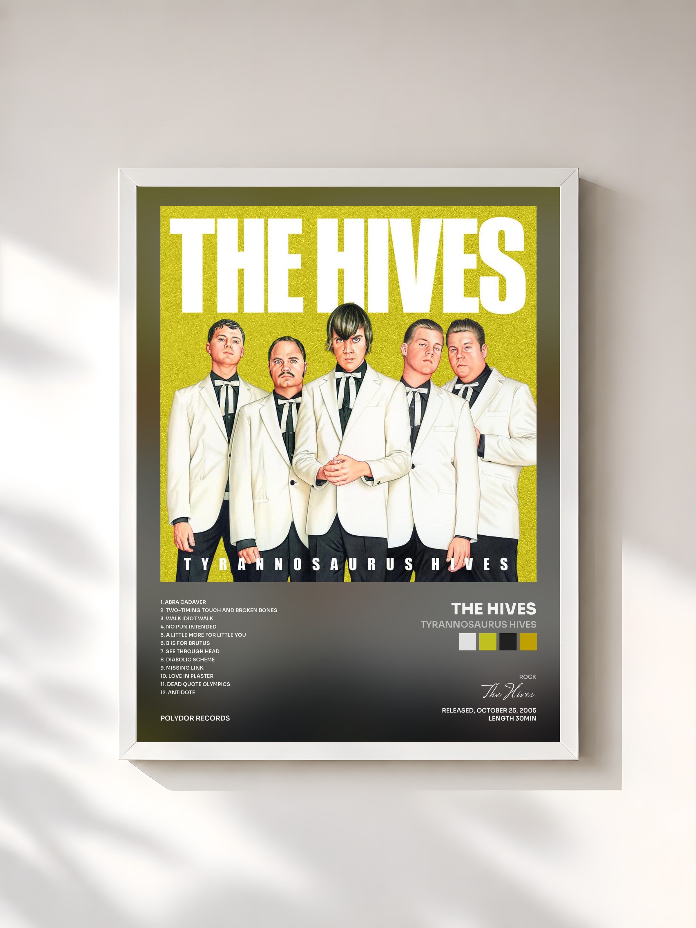 #blanc Tableau de l'album Tyrannosaurus Hives de The Hives, cadre blanc, imprimé et encadré en France