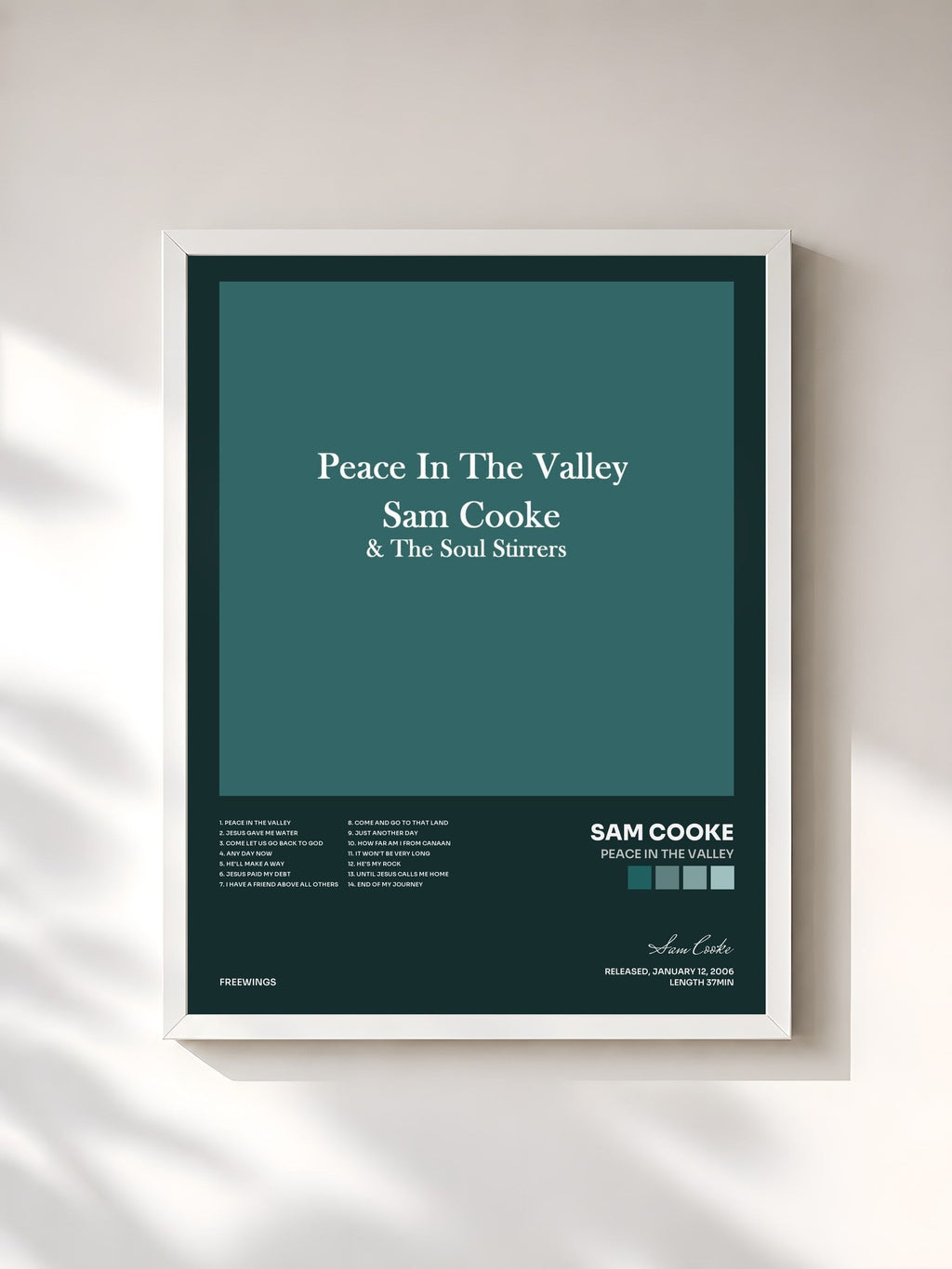 #blanc Peace In The Valley by Sam Cooke as a framed art print, white frame, printed and framed in France