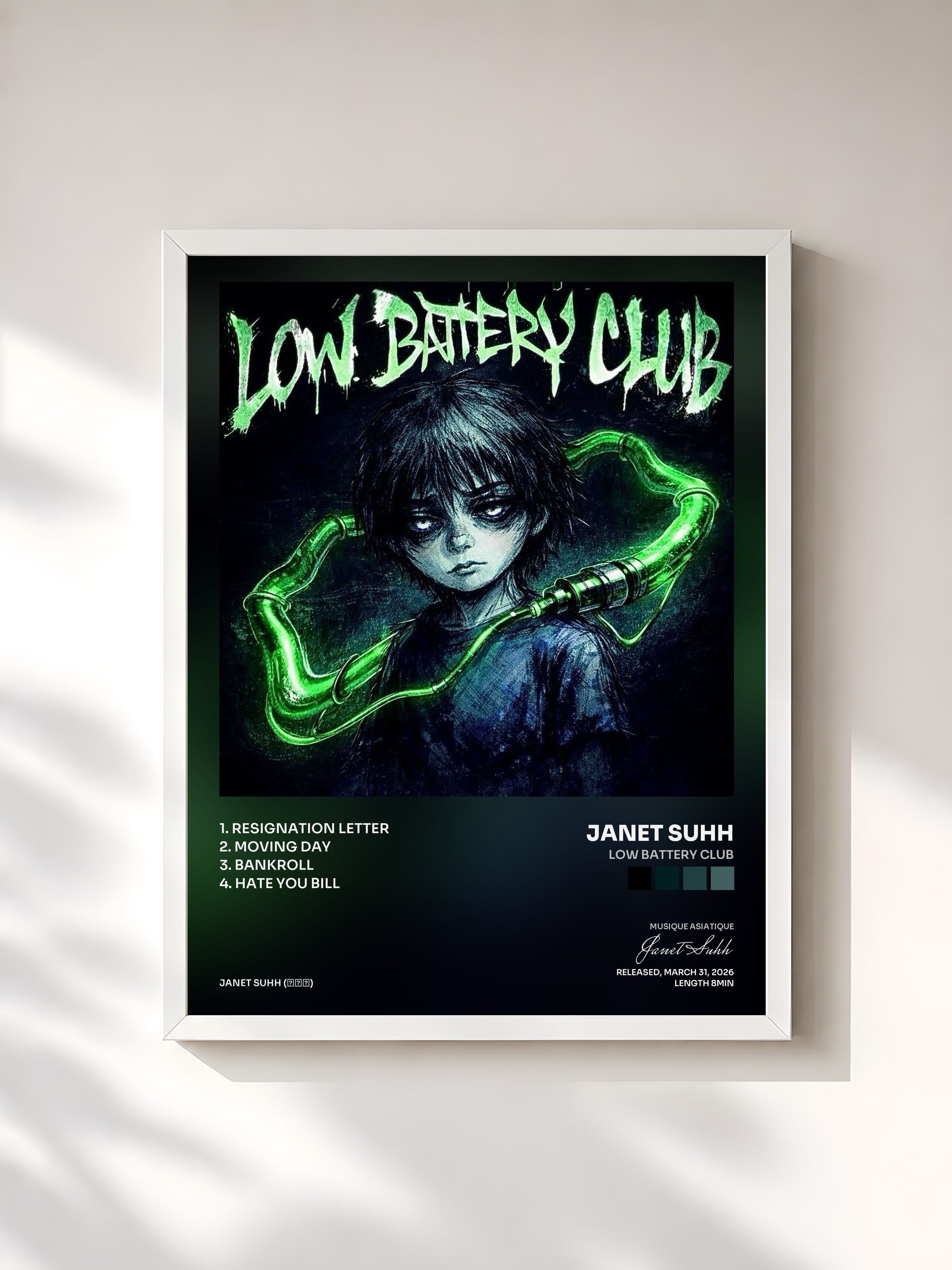#blanc Tableau de l'album LOW BATTERY CLUB de Janet Suhh, cadre blanc, imprimé et encadré en France