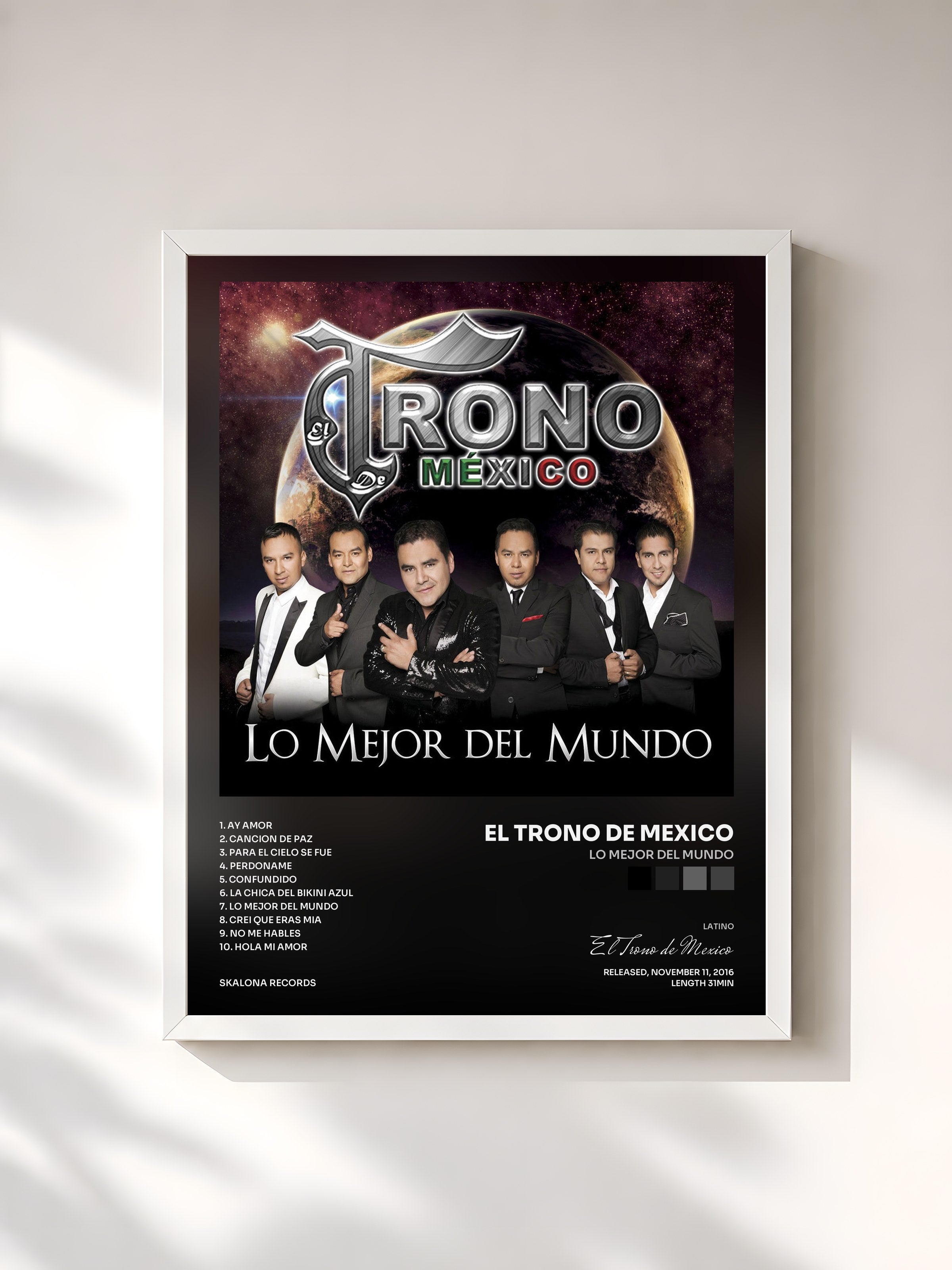 #blanc Tableau de l'album Lo Mejor del Mundo de El Trono de Mexico, cadre blanc, imprimé et encadré en France