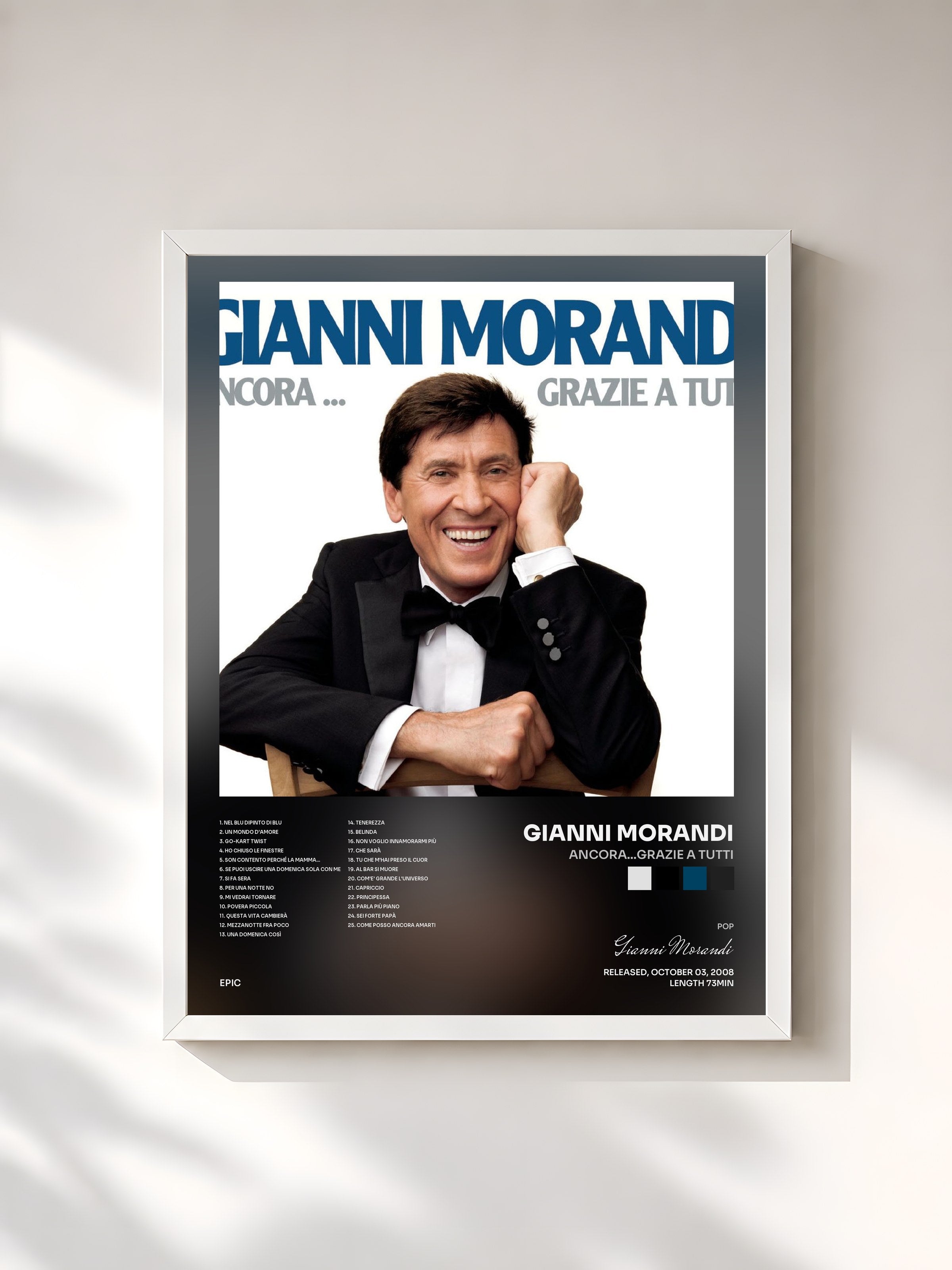 #blanc Tableau de l'album Ancora...Grazie A Tutti de Gianni Morandi, cadre blanc, imprimé et encadré en France