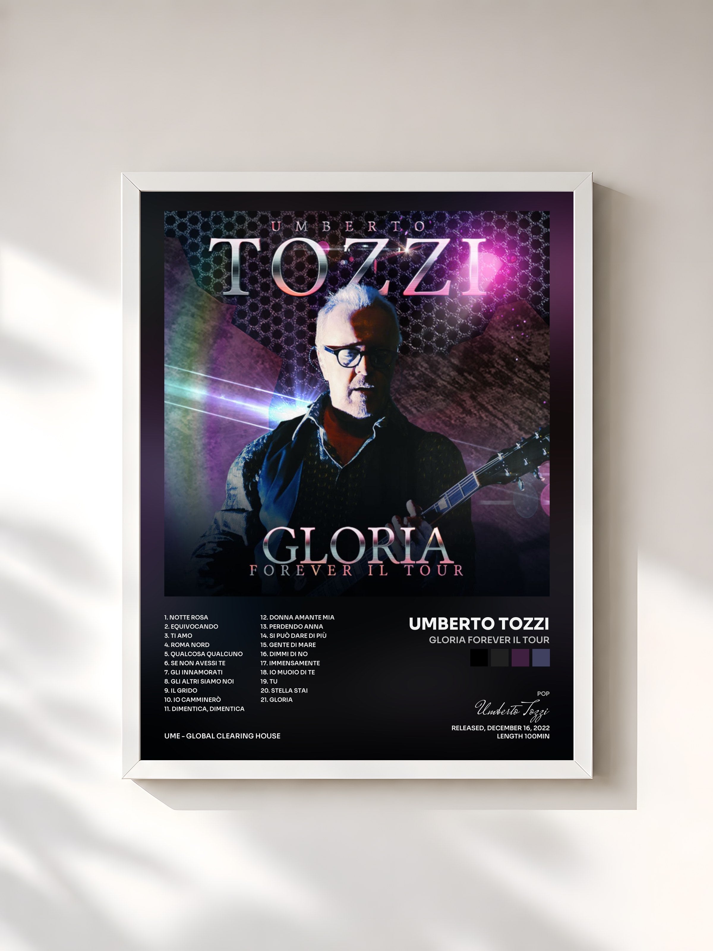 #blanc Tableau de l'album GLORIA FOREVER Il Tour de Umberto Tozzi, cadre blanc, imprimé et encadré en France