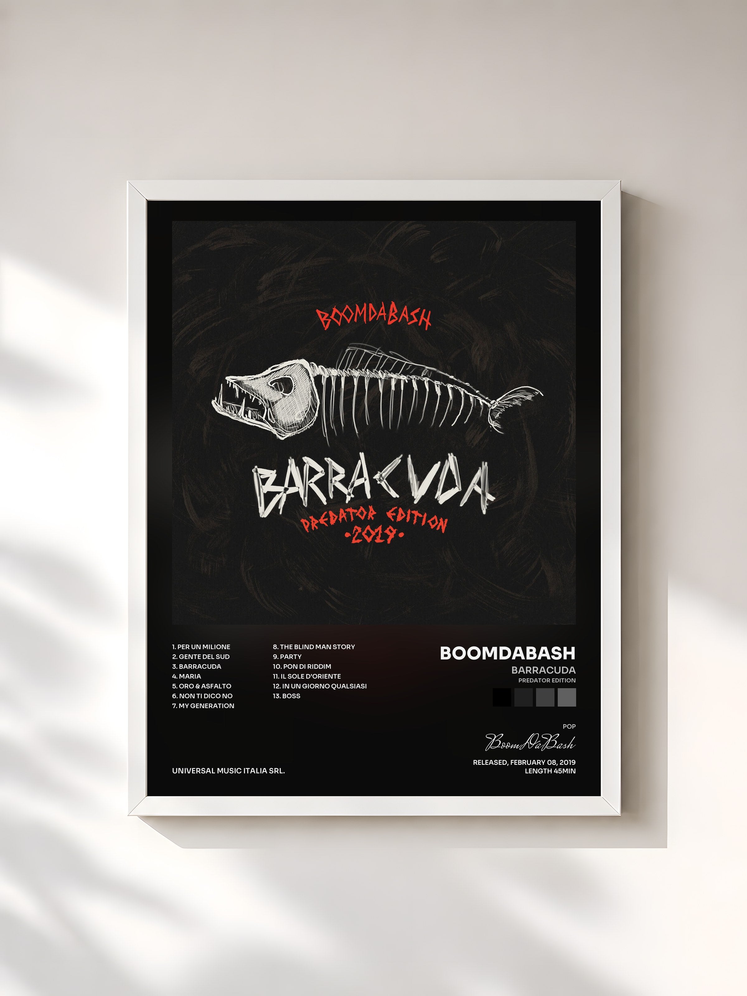 #blanc Tableau de l'album Barracuda (Predator Edition) de BoomDaBash, cadre blanc, imprimé et encadré en France