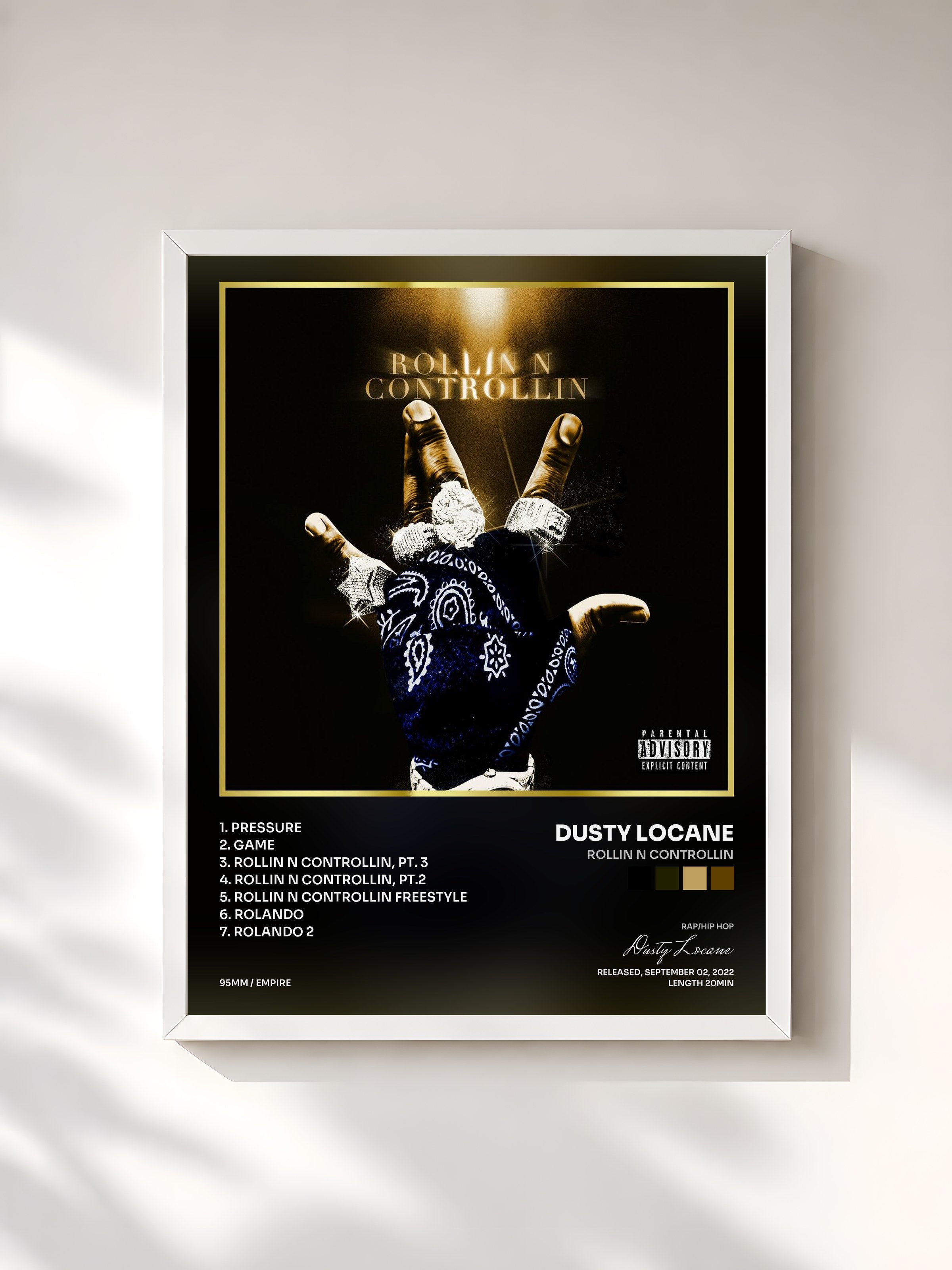 #blanc Tableau de l'album ROLLIN N CONTROLLIN de Dusty Locane, cadre blanc, imprimé et encadré en France