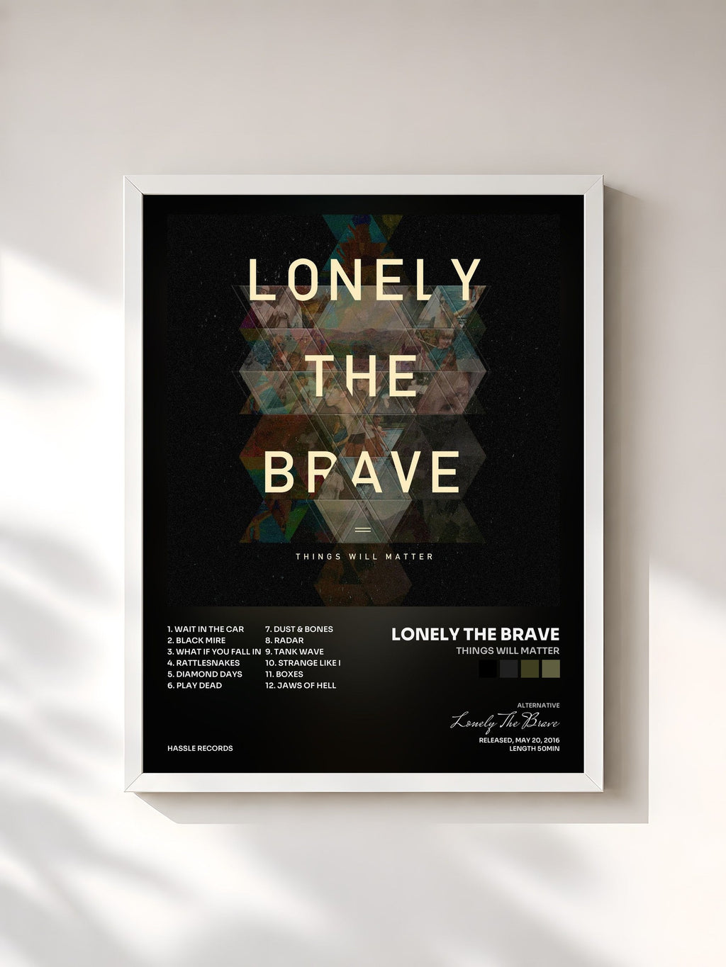 #blanc Things Will Matter by Lonely The Brave as a framed art print, white frame, printed and framed in France