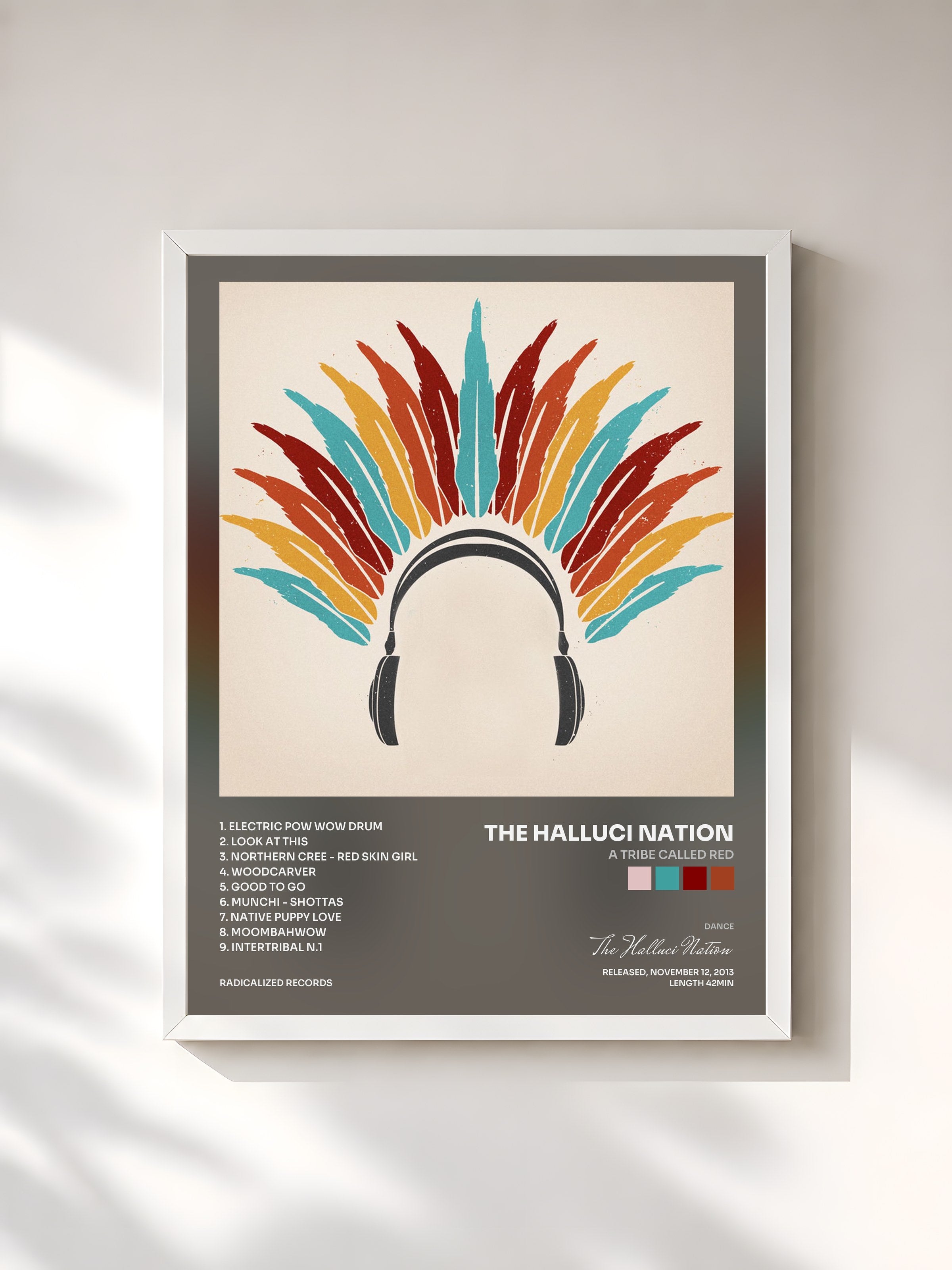 #blanc Tableau de l'album A Tribe Called Red de The Halluci Nation, cadre blanc, imprimé et encadré en France