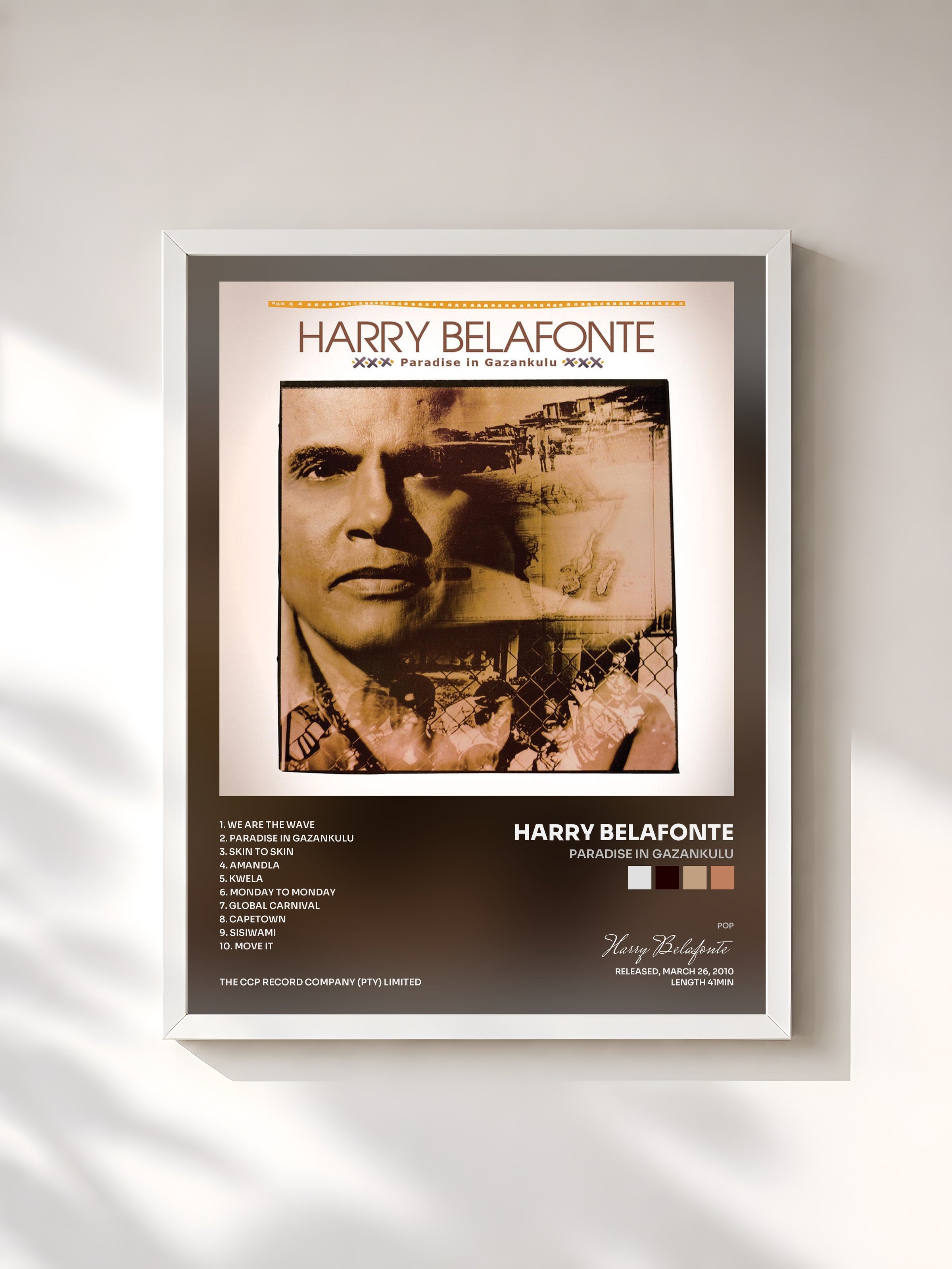 #blanc Tableau de l'album Paradise In Gazankulu de Harry Belafonte, cadre blanc, imprimé et encadré en France