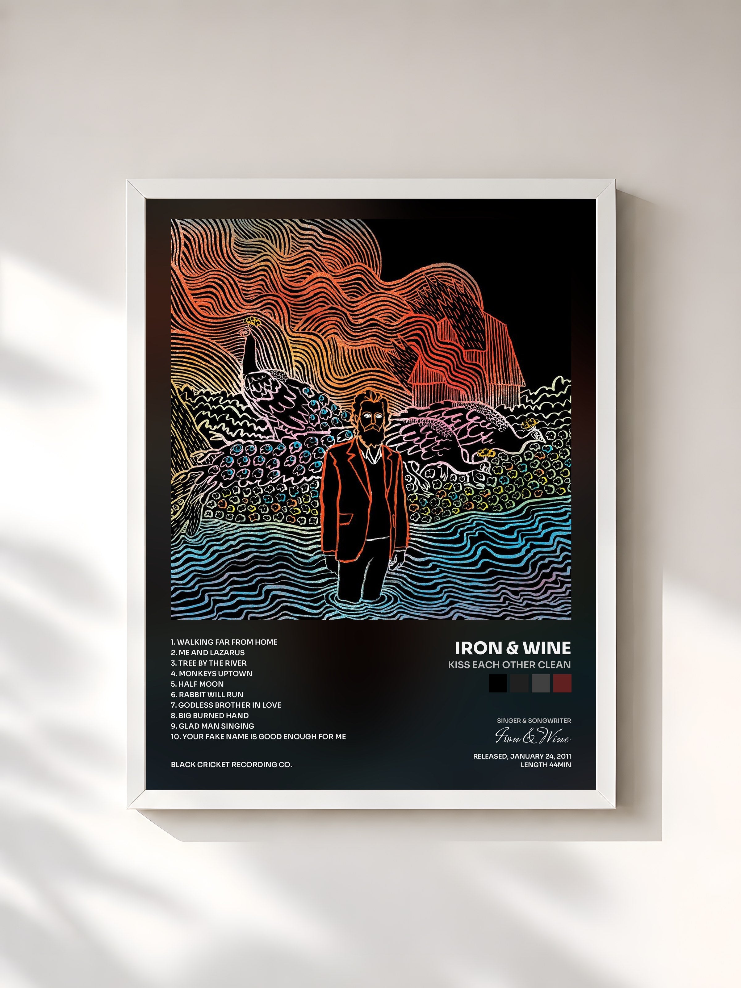 #blanc Tableau de l'album Kiss Each Other Clean de Iron & Wine, cadre blanc, imprimé et encadré en France