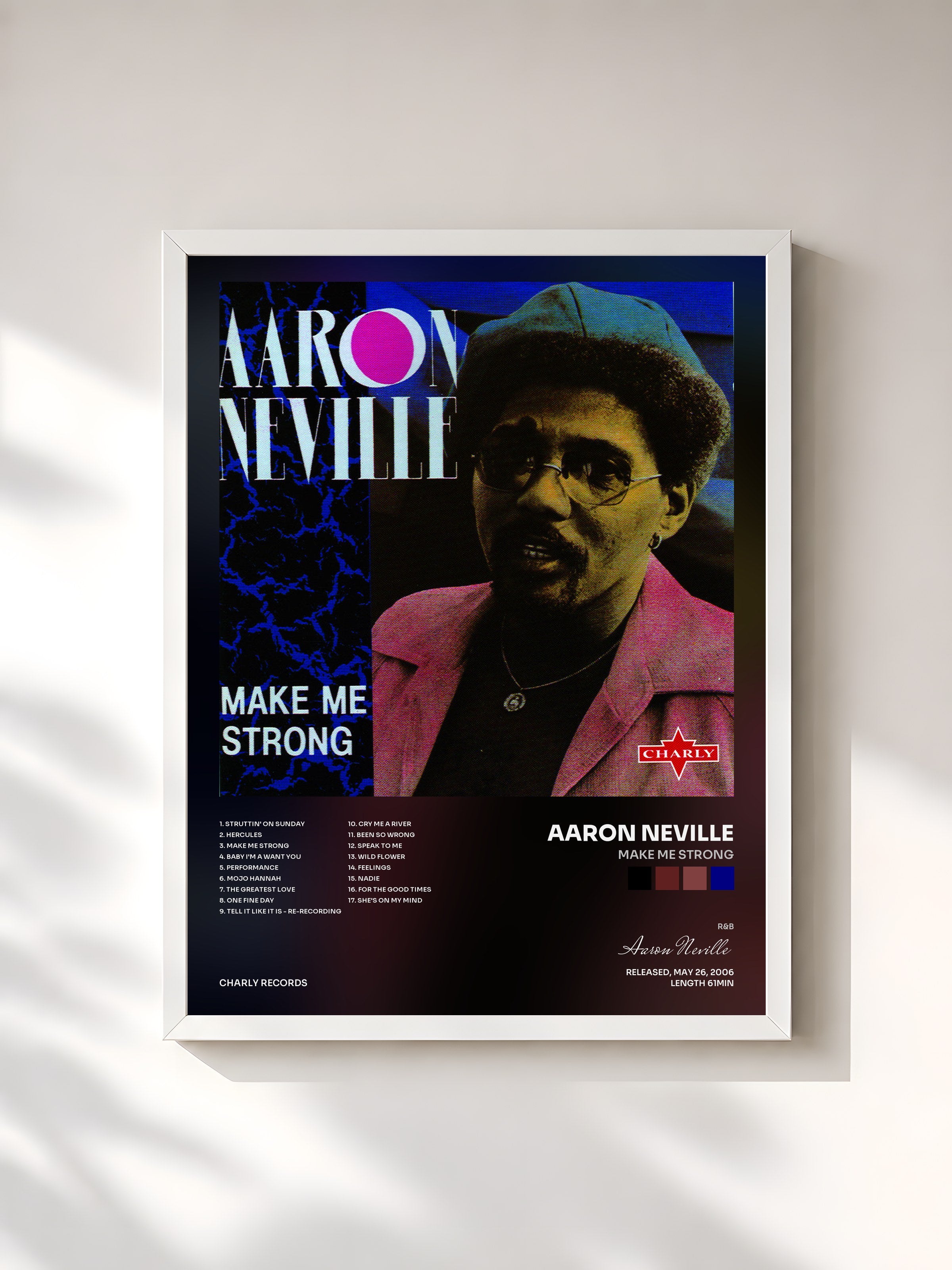 #blanc Tableau de l'album Make Me Strong de Aaron Neville, cadre blanc, imprimé et encadré en France