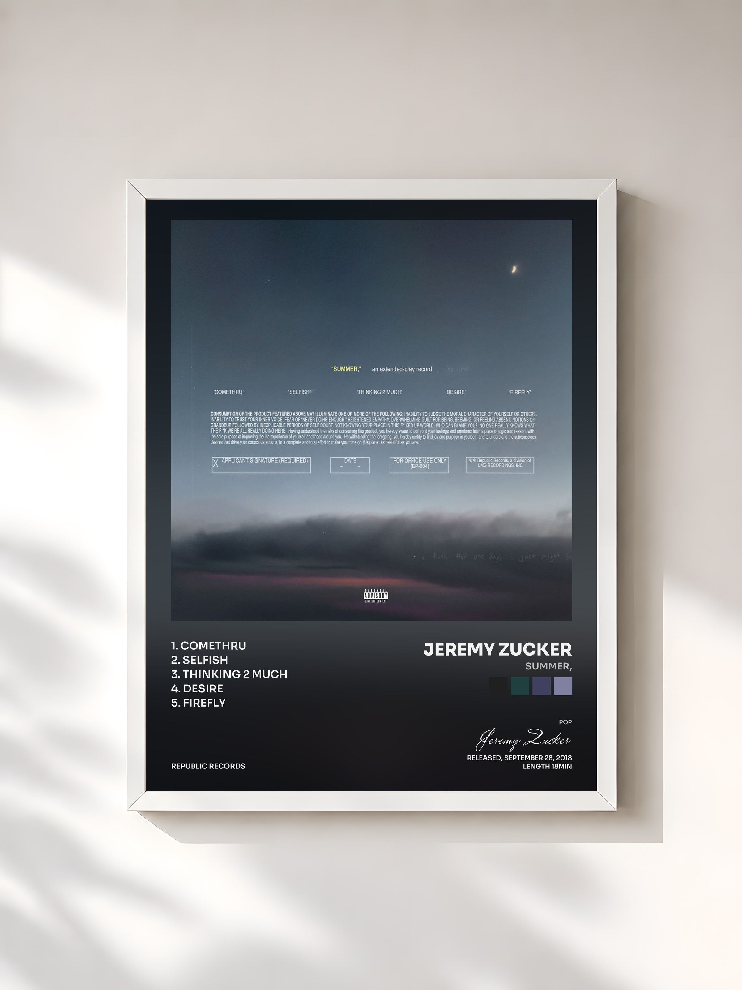 #blanc Tableau de l'album summer, de Jeremy Zucker, cadre blanc, imprimé et encadré en France