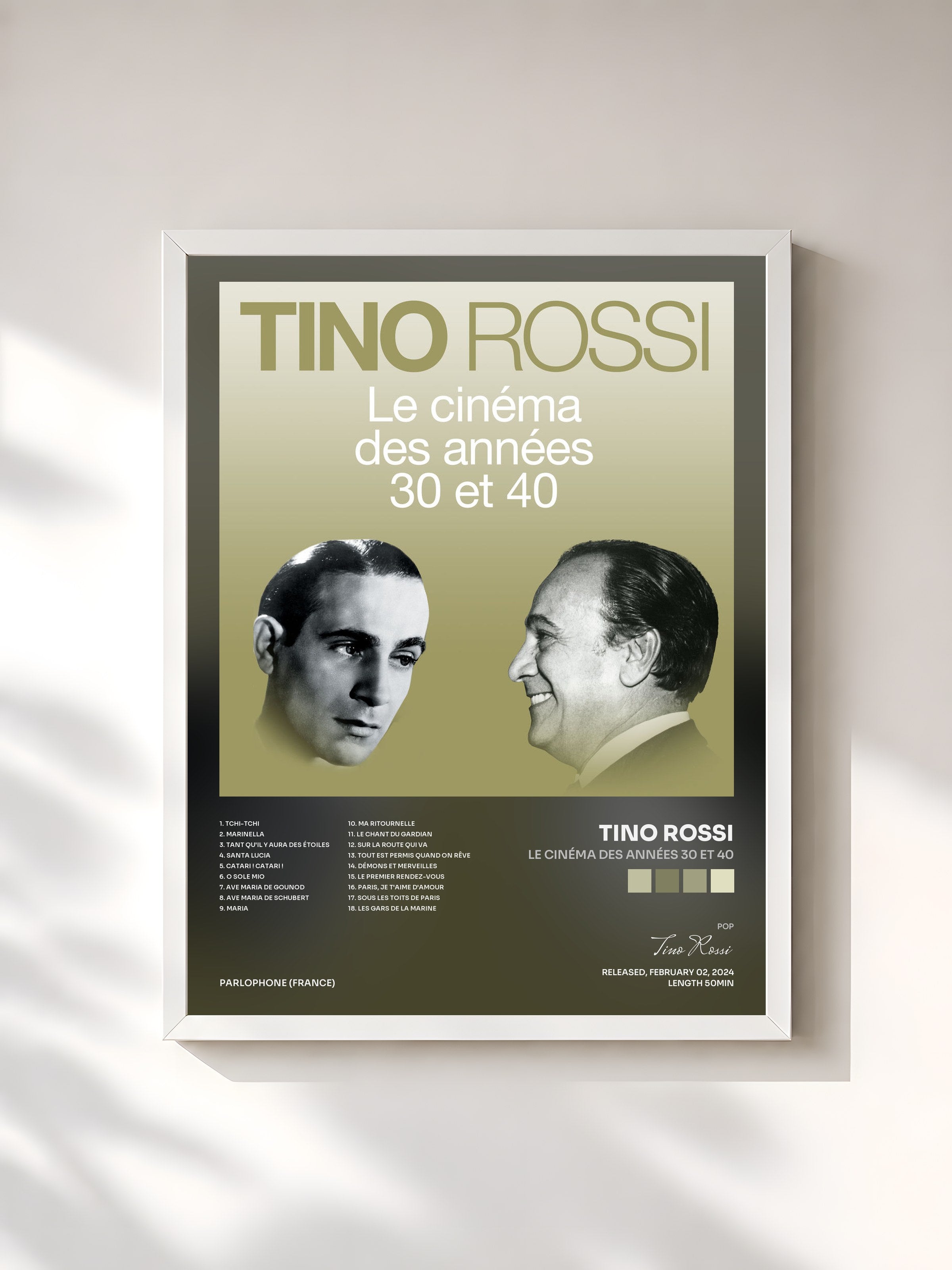#blanc Tableau de l'album Le cinéma des années 30 et 40 de Tino Rossi, cadre blanc, imprimé et encadré en France